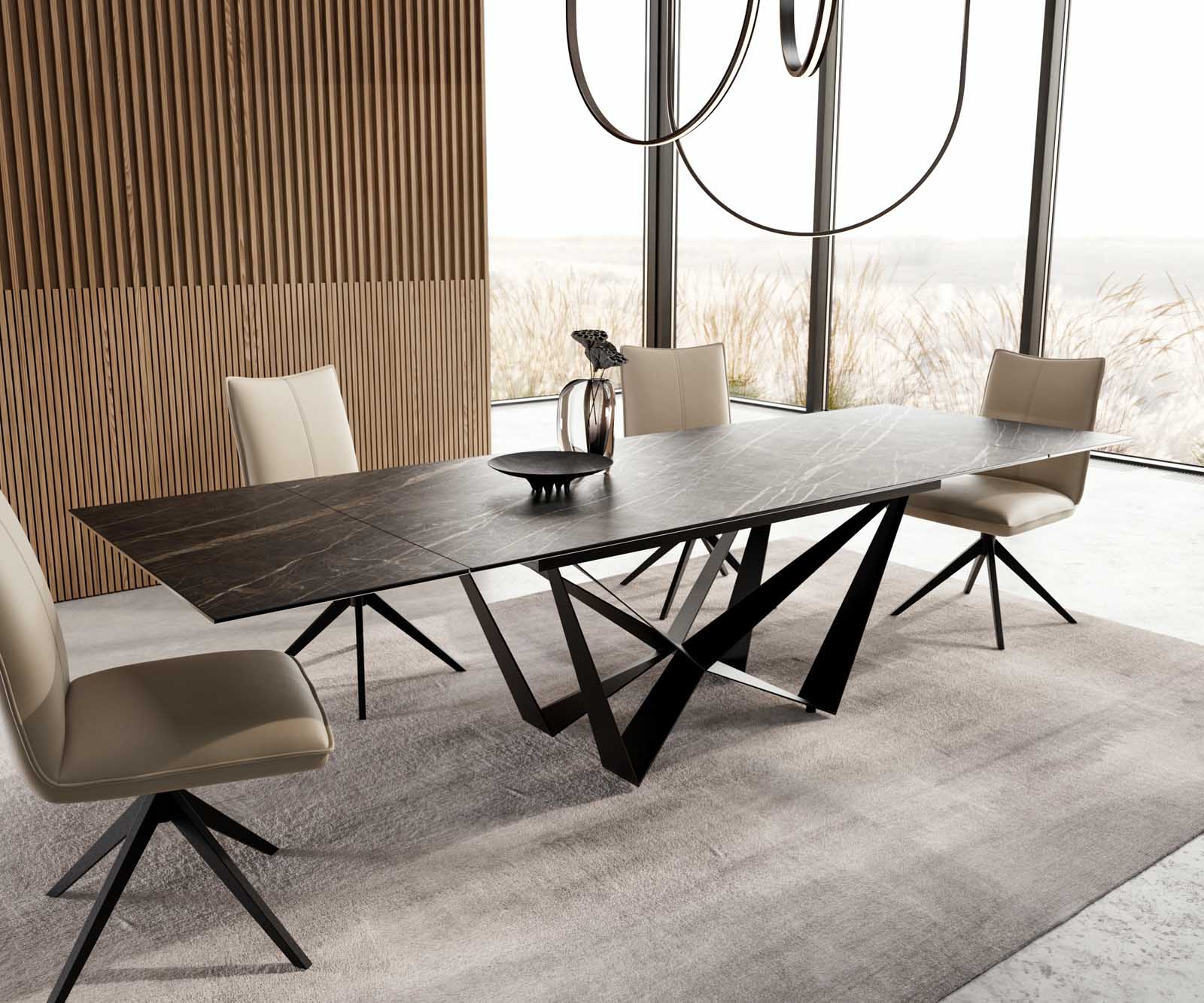 Eetkamertafel Edge 200-300x100 keramiek Laminam®Noir Desir bruin spider vlak staal zwart uitschuifbaar 7