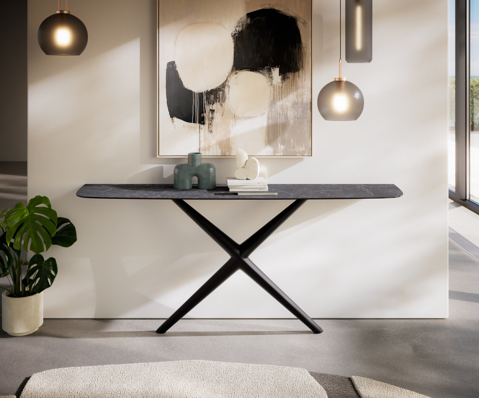 Consoletafel Edge Bootvorm 180x40 cm Keramiek Laminam® Nero Greco Anthrazit Estelo Metaal Zwart 1