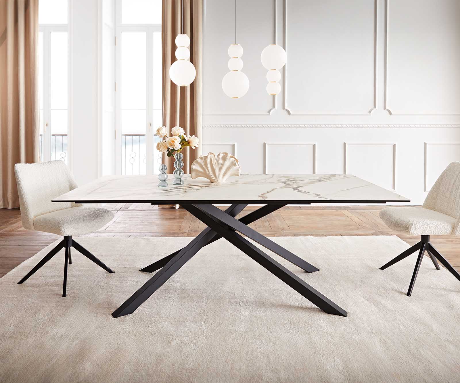 Eetkamertafel Edge 200x100 keramiek Calacatta Luxe wit-goud-grijs kruisframe rechthoek zwart