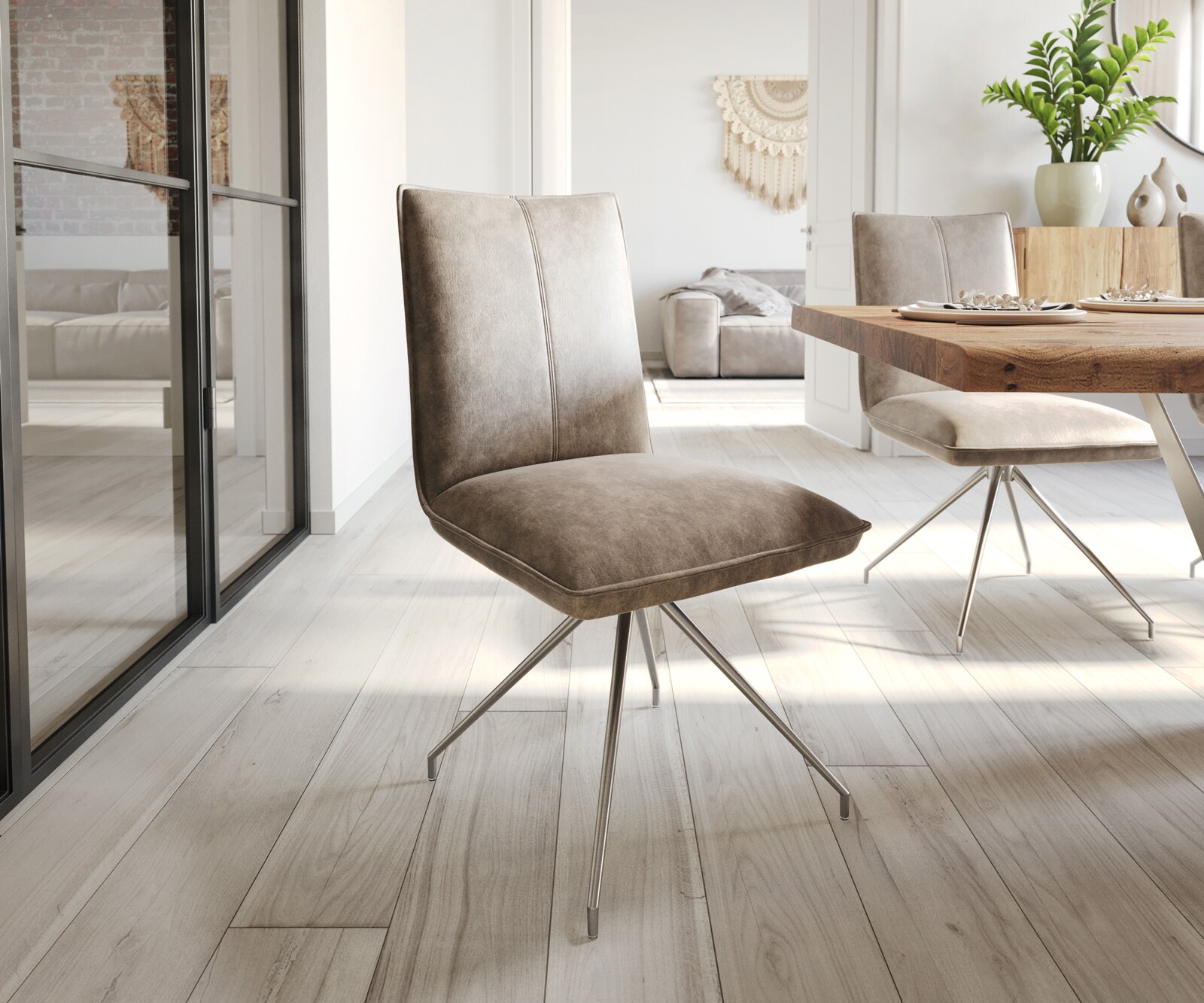 Eetkamerstoel Lelio-Flex microvelours taupe vintage kruisframe conisch roestvrij staal pocketveer kern
