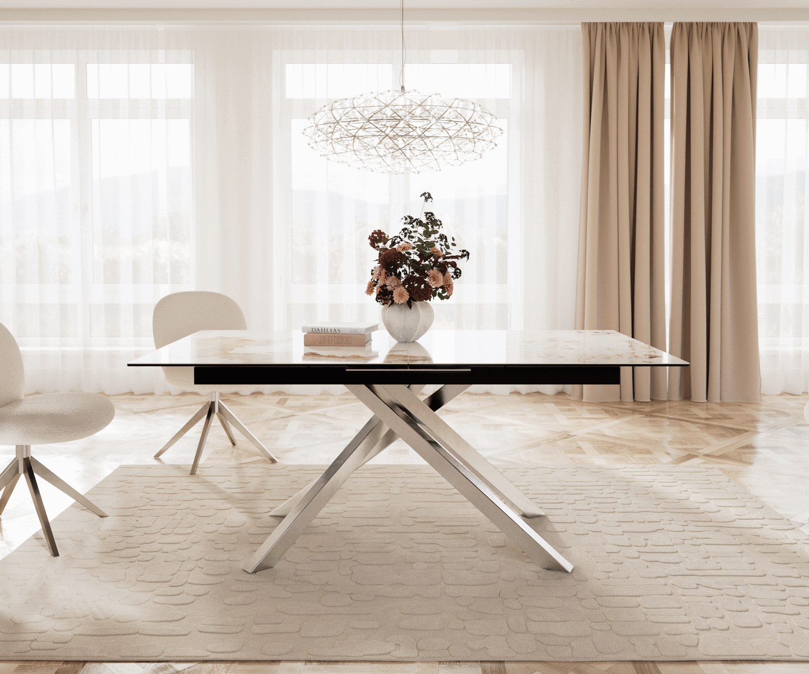 Eetkamertafel Edge 180-220x100 keramiek Minas Melange wit-beige kruisframe rechthoek RVS uitschuifbaar 1
