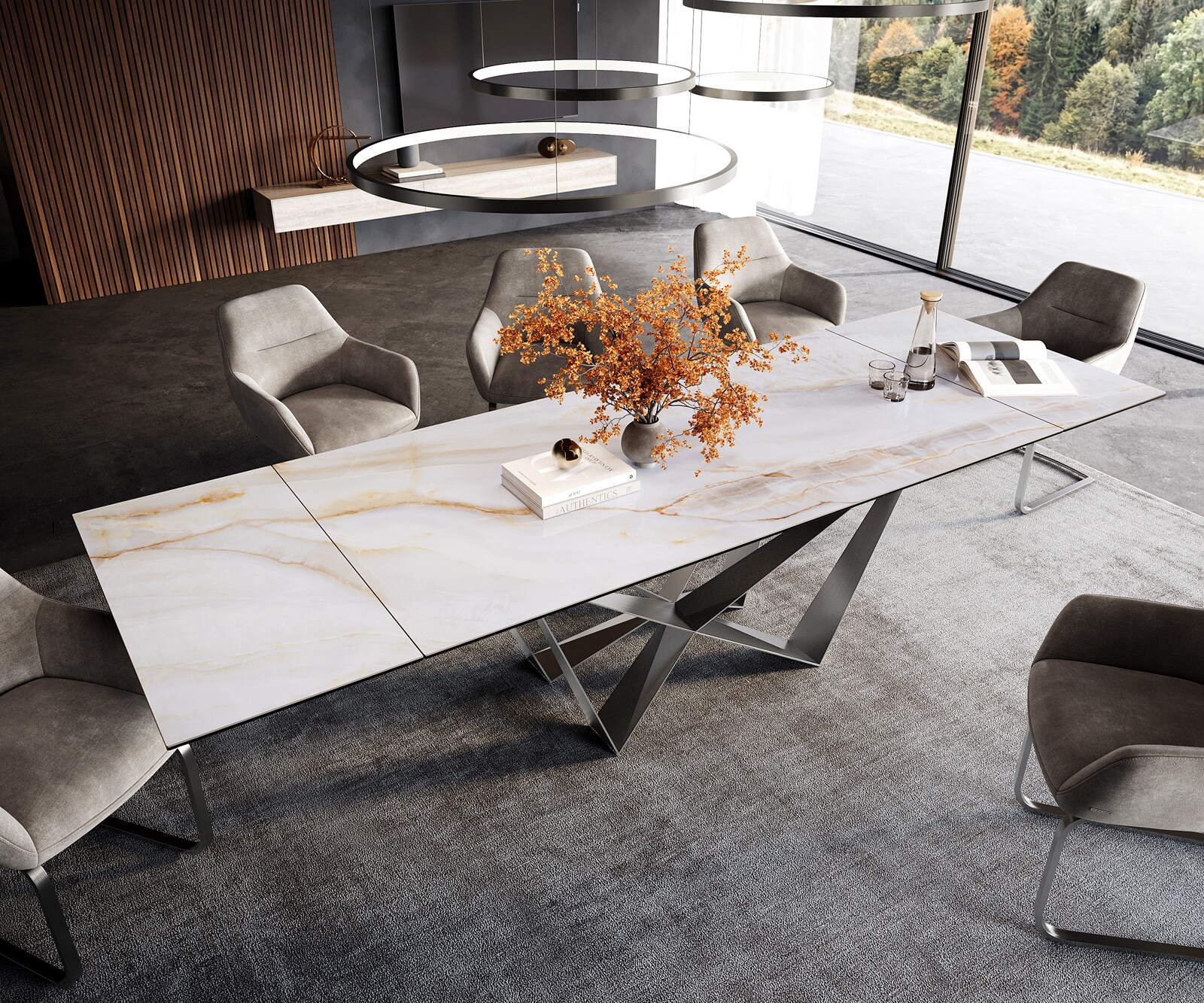 Eettafel Edge 200-300x100 cm keramiek Onyx Pearl Spider plat staal roestvrij staal uittrekbaar 4
