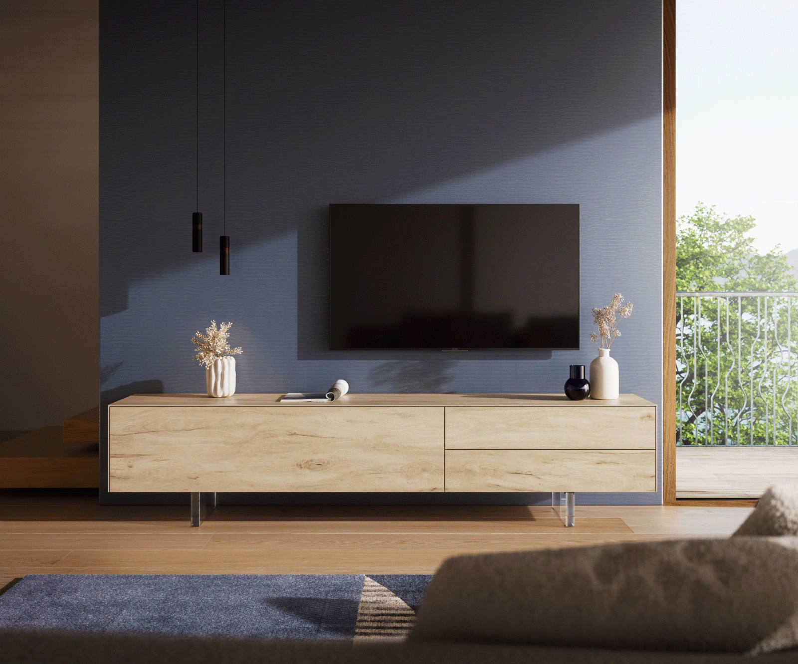 Tv-meubel Cuor 220 cm Keramiek Laminam® Sabbia Eiken gekleurd 1 Flap 2 Laden Zwevende voet look Acrylglas 2