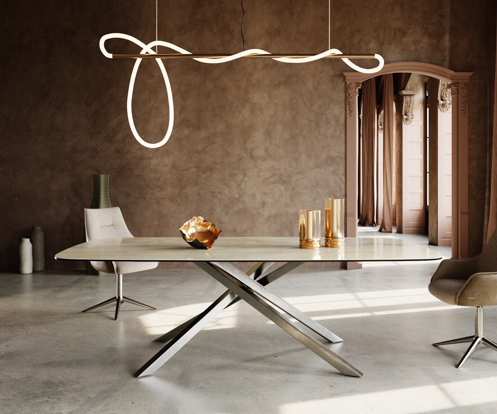 Eetkamertafel Edge Boot 240x120 cm Keramiek Iris FMG Onice Oro kruisonderstel Rechthoek Roestvrij staal 2