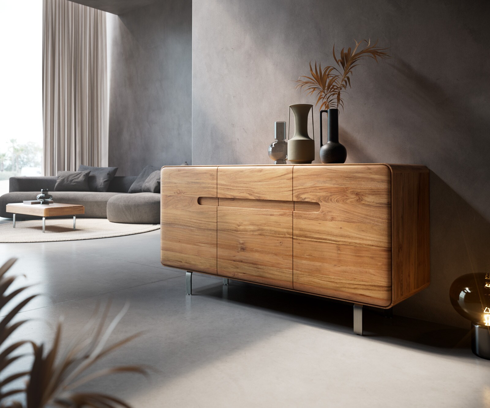 Dressoir Anaya 145 cm natuur acacia 3 deuren L-onderstel roestvrij staal 1