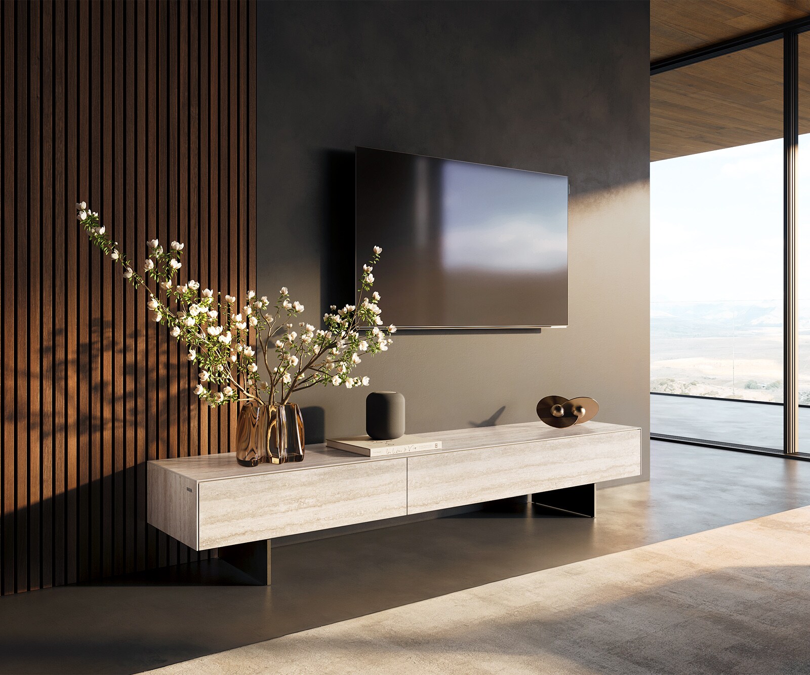 Tv-meubel Cuor 200 cm Keramiek Laminam® Travertino Bianco Crème-wit 1 Flap 1 Lade Zwevende voet look Metaal Zwart