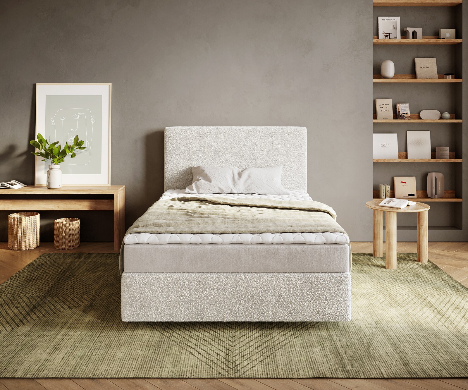 Boxspringbed Dream-Well 120x200 cm Bouclé Crème-Wit met Matras en Topper 1 Boxspringbed Dream-Well 120x200 cm Bouclé Crème-Wit met Matras en Topper 1