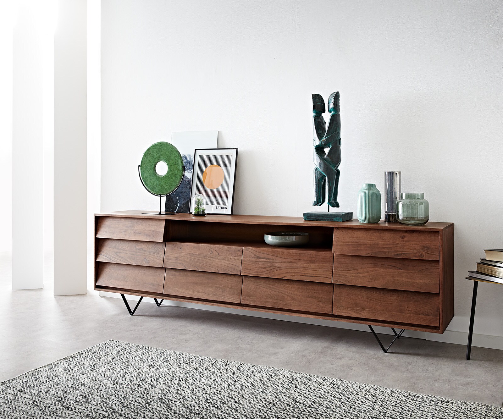 Dressoir Eloi Acacia Bruin 240x40 cm 2 Deuren 6 Laden V-Poot Zwart