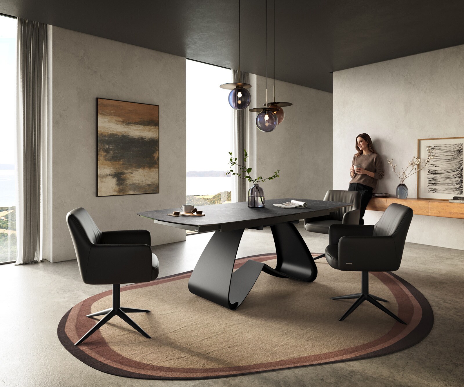 Eettafel Edge Boot 180-220x100 cm Keramiek Laminam® Nero Greco Anthrazit W-onderstel Zwart uitschuifbaar 6