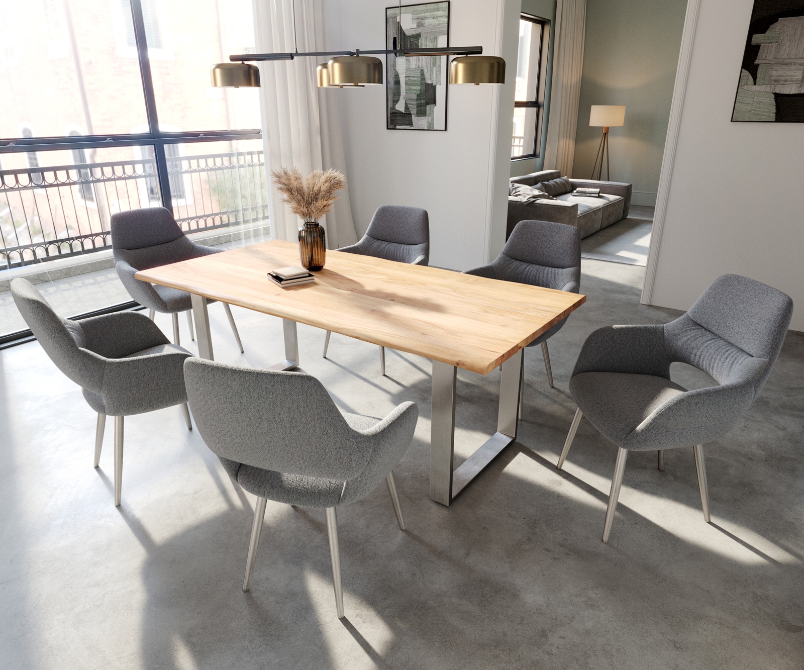 Eetkamerstoel Yago-Flex met armleuning structuurstof lichtgrijs 4-poot conisch roestvrij staal pocketveer kern 3 Eetkamerstoel Yago-Flex met armleuning structuurstof lichtgrijs 4-poot conisch roestvrij staal pocketveer kern 3