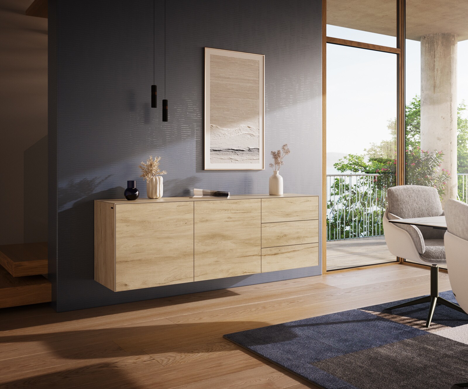 Dressoir Cuor 180 cm Keramiek Laminam® Sabbia Eiken gekleurd 2 Deuren 3 Laden Zwevend 1