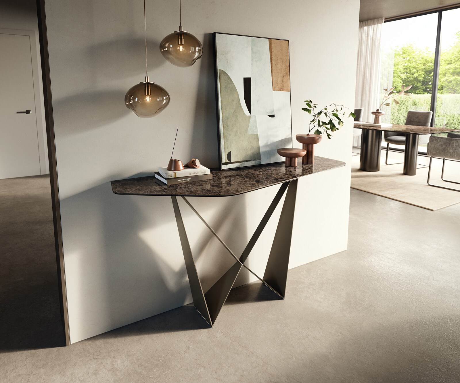 Consoletafel Edge Polygonaal 140x50 cm Keramiek Emperador Extra Lucidato Dunkelbraun Spios Metaal Effektfinish Titan 3
