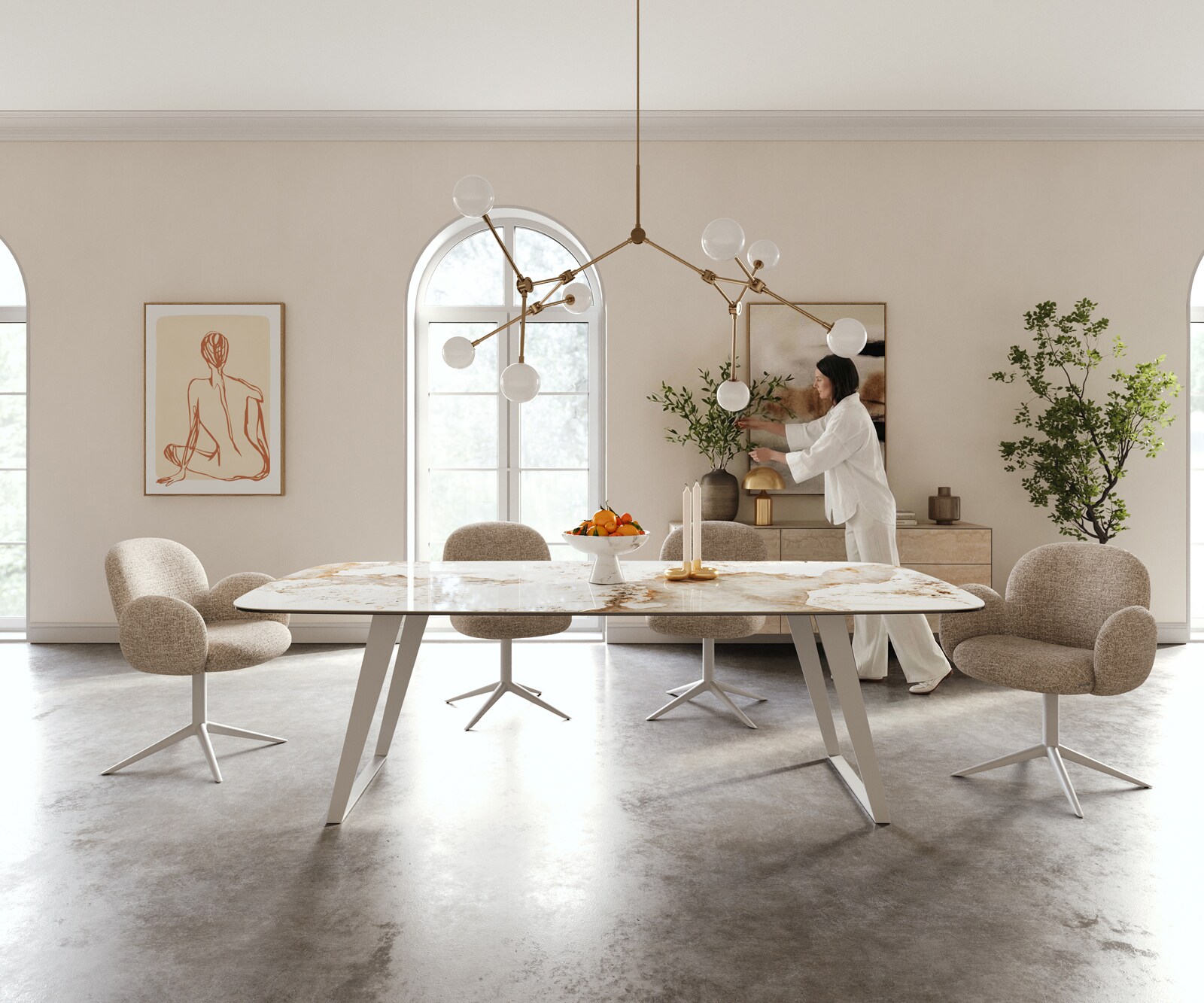 Eettafel Edge Boot 240x120 cm Keramiek Minas Melange Wit-Beige Metaal Schräg Wit 2