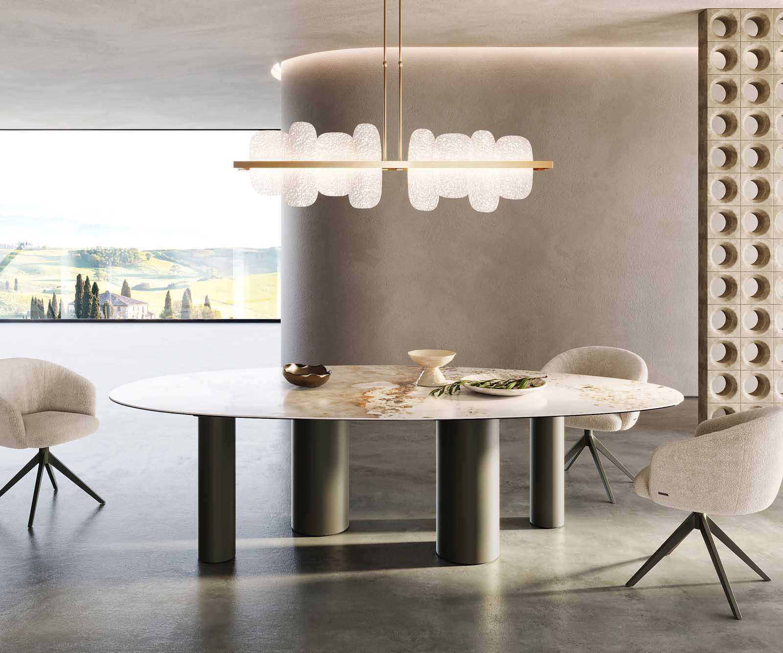 Eettafel Edge ovaal 280x130 keramiek Minas Melange wit-beige pilier metaal effect afwerking titanium 1