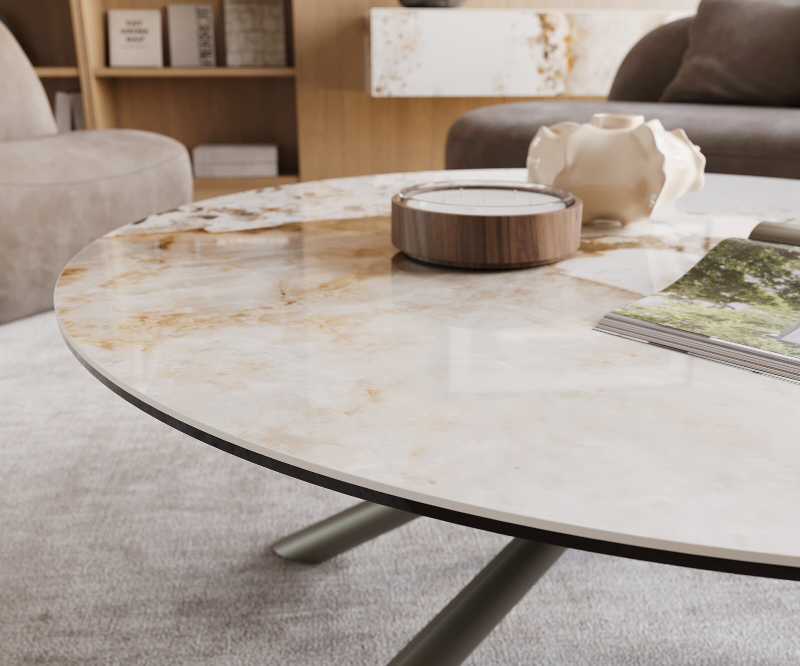 Salontafel Edge rond 100x100 cm keramiek Minas Melange Sarity Metall effectafwerking titaan 5