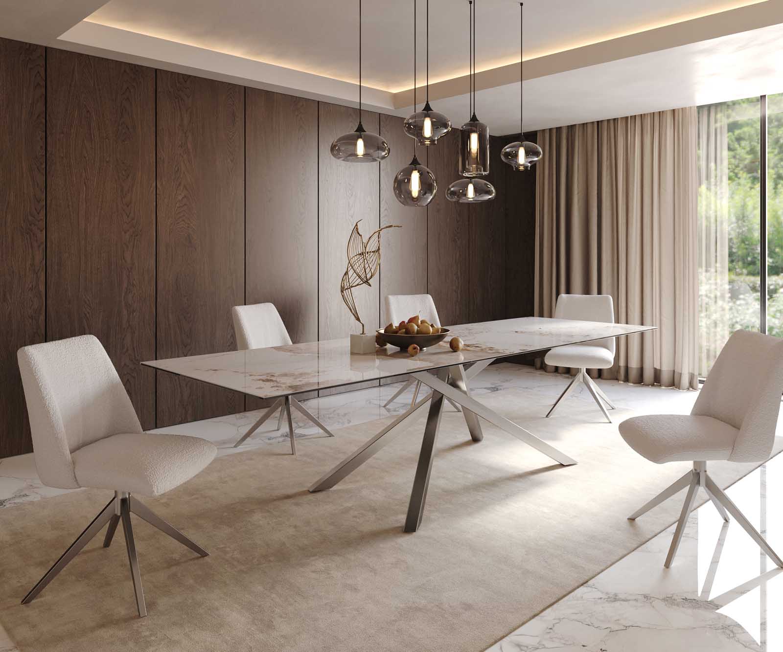 Eetkamertafel Edge 300x100 keramiek Minas Melange wit-beige kruisframe rechthoek RVS 8