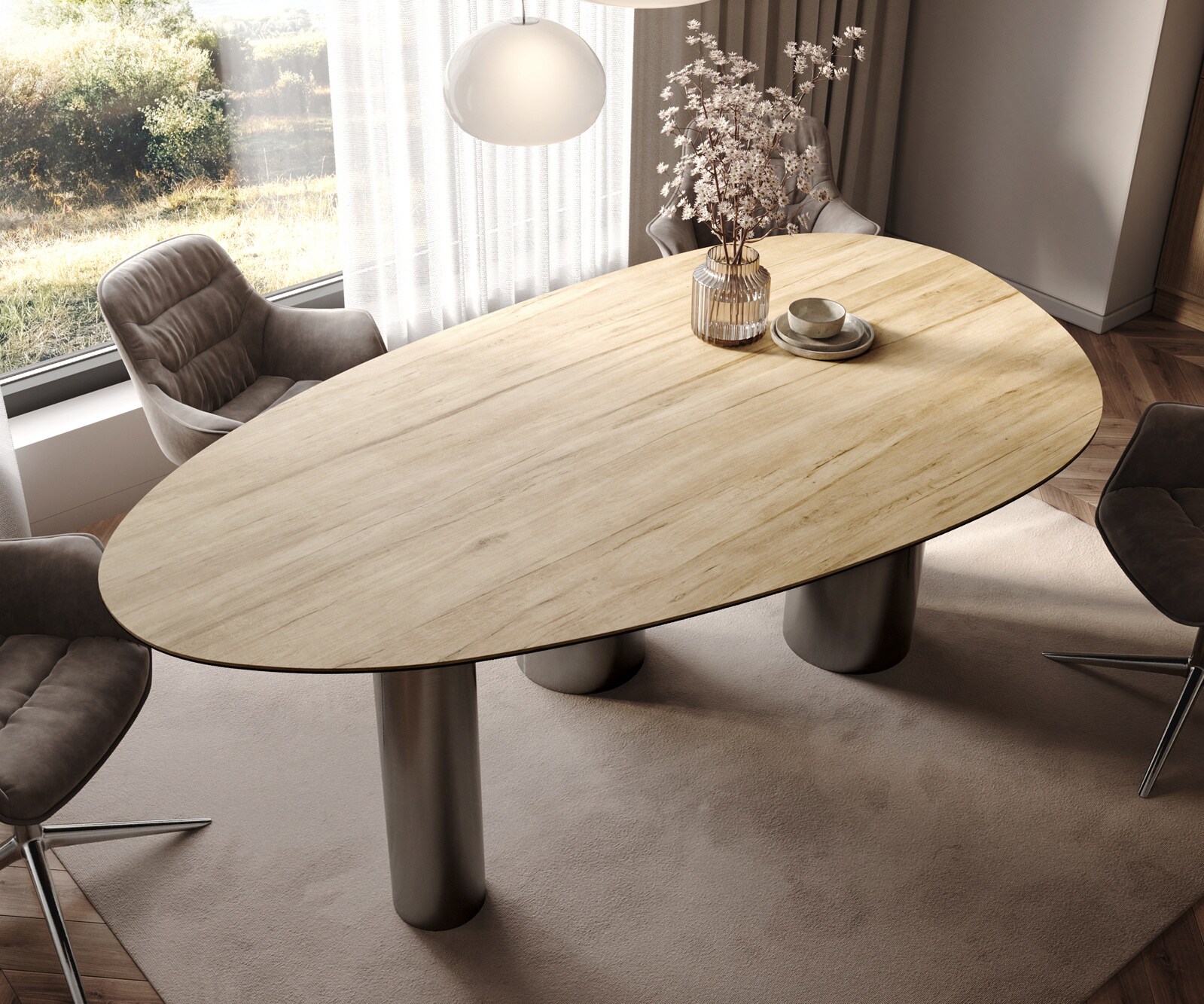 Eetkamertafel Edge ovaal 220x120 keramiek Laminam® Sabbia eiken kleur Pilier roestvrij staal grafiet 4