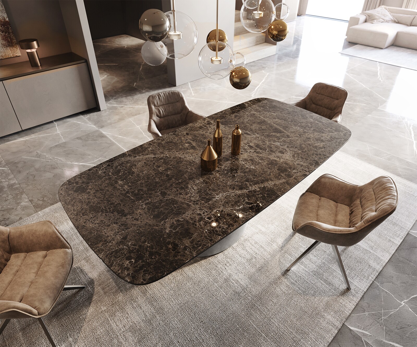 Eettafel Edge Boot 240x120 keramiek  Laminam® Emperador Extra Lucidato donkerbruin Cono metaal zilver 4