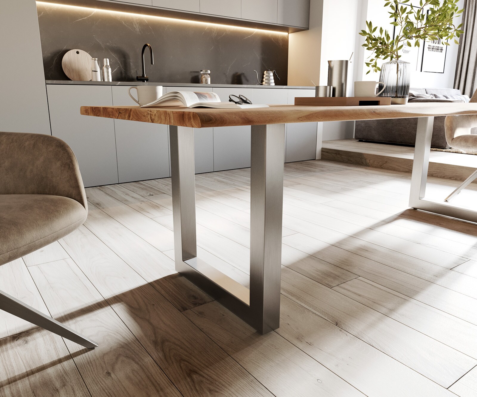 Eettafel Edge 260x100 acacia natuur roestvrijstaal breed Live-Edge 4