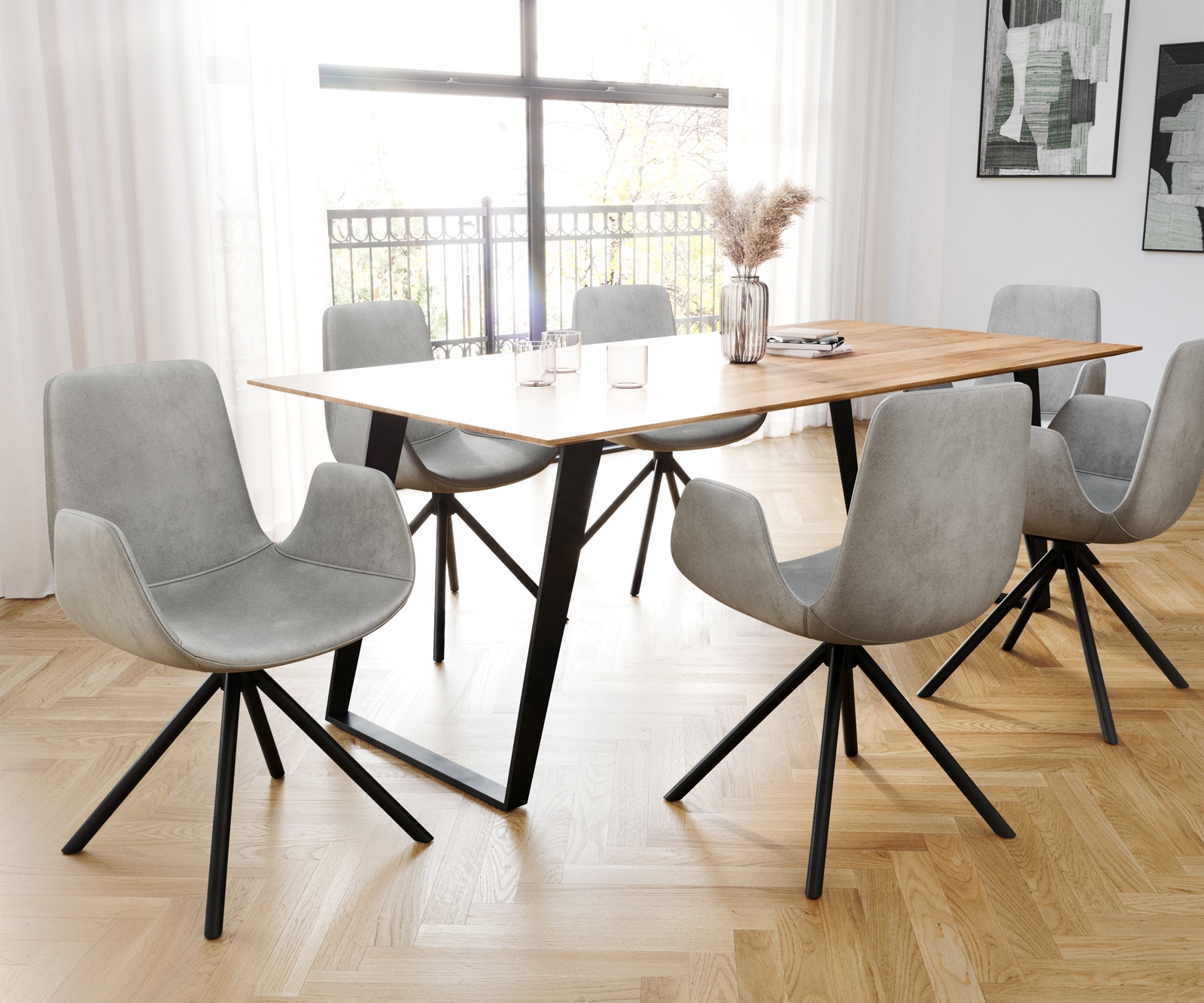 Eetkamerstoel Ilia-Flex met armleuning fluweel grijs kruisframe conisch zwart 3 Eetkamerstoel Ilia-Flex met armleuning fluweel grijs kruisframe conisch zwart 3