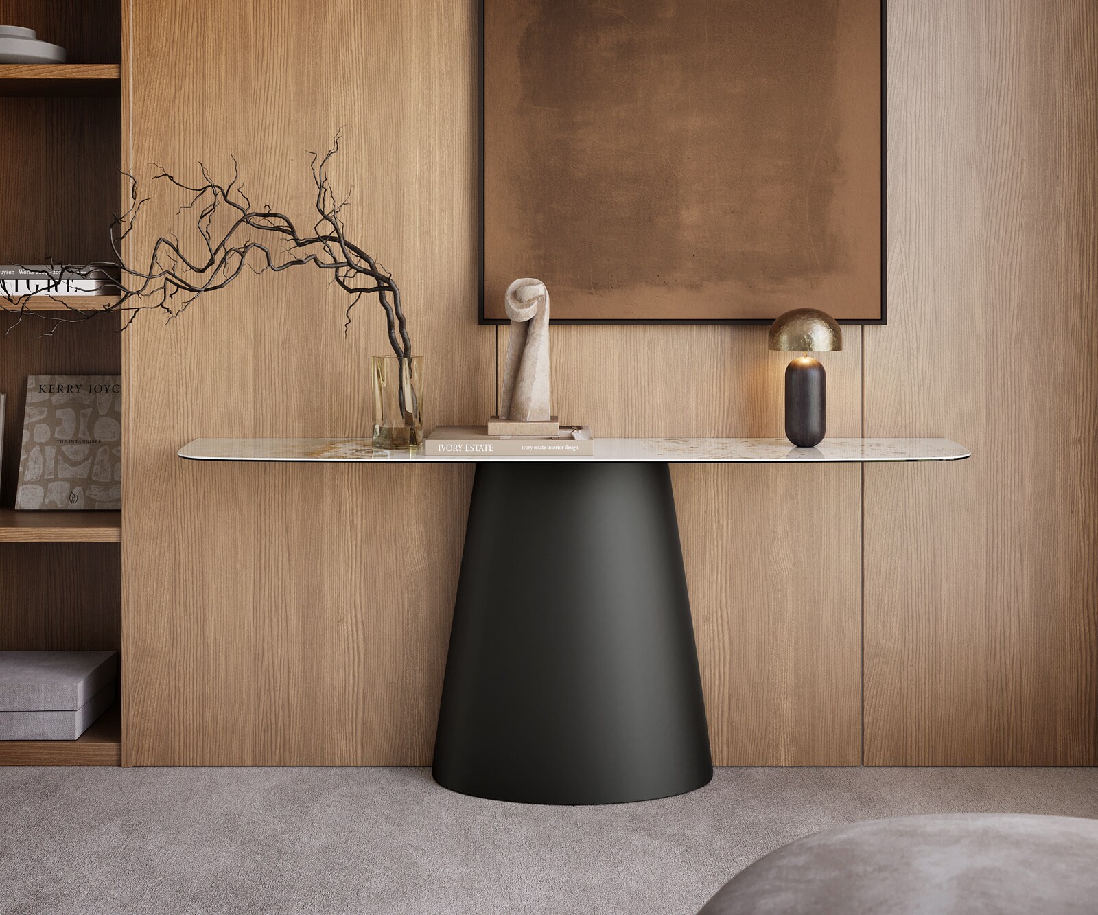 Consoletafel Edge Bootvorm 180x40 cm Keramiek Minas Melange Weiß-Beige Conos Metaal Zwart 4