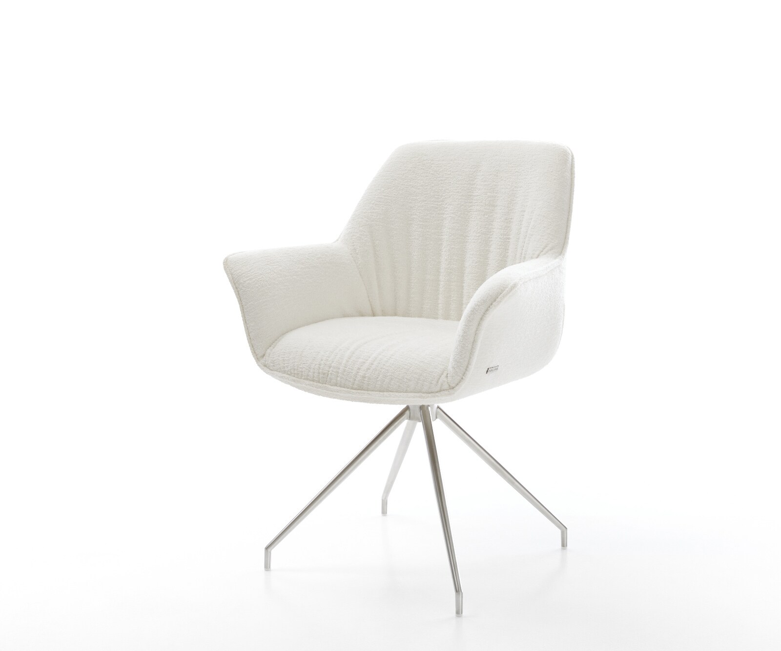 Eetkamerstoel Keila-Flex met armleuning bouclé zacht beige kruisframe conisch roestvrij staal 1