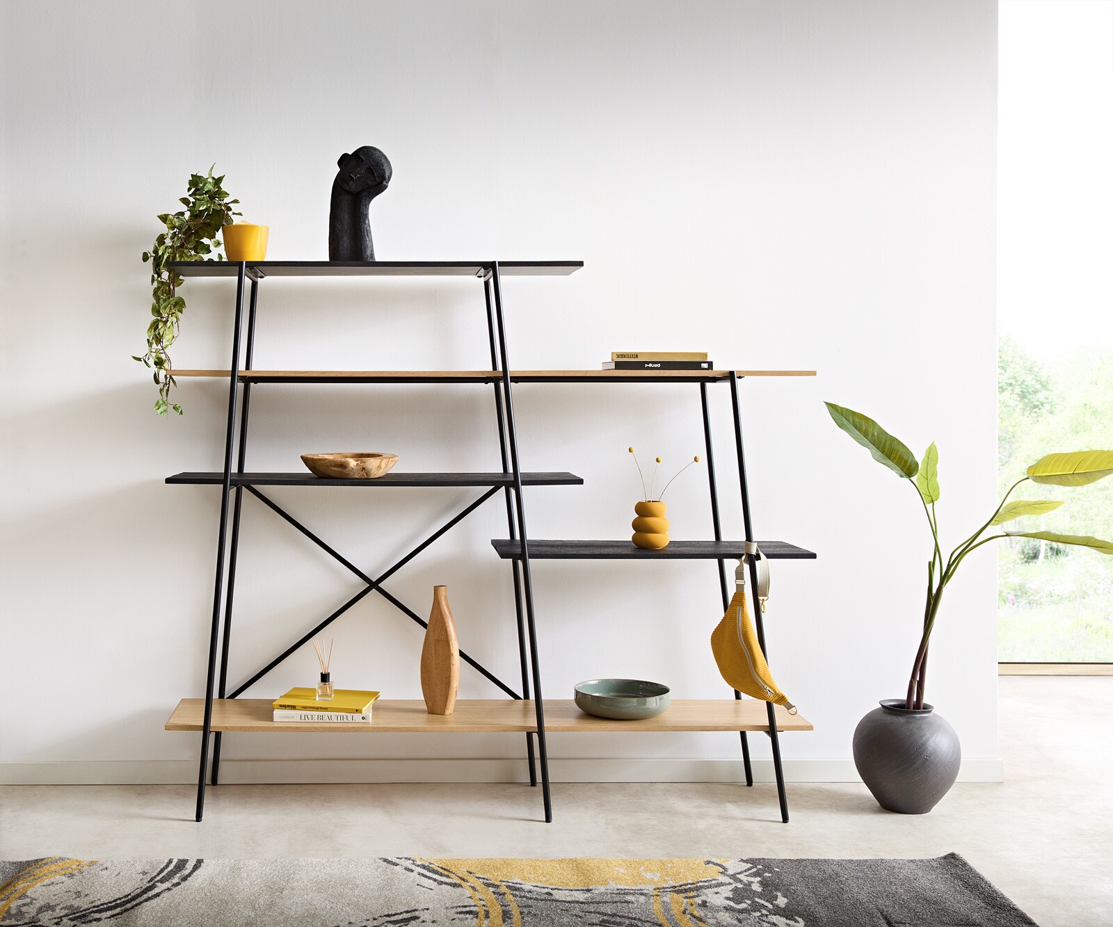 Boekenkast Mikkusu 185x160 Bamboe Natuurlijk Mango Zwart 5 planken Metaal Zwart 1