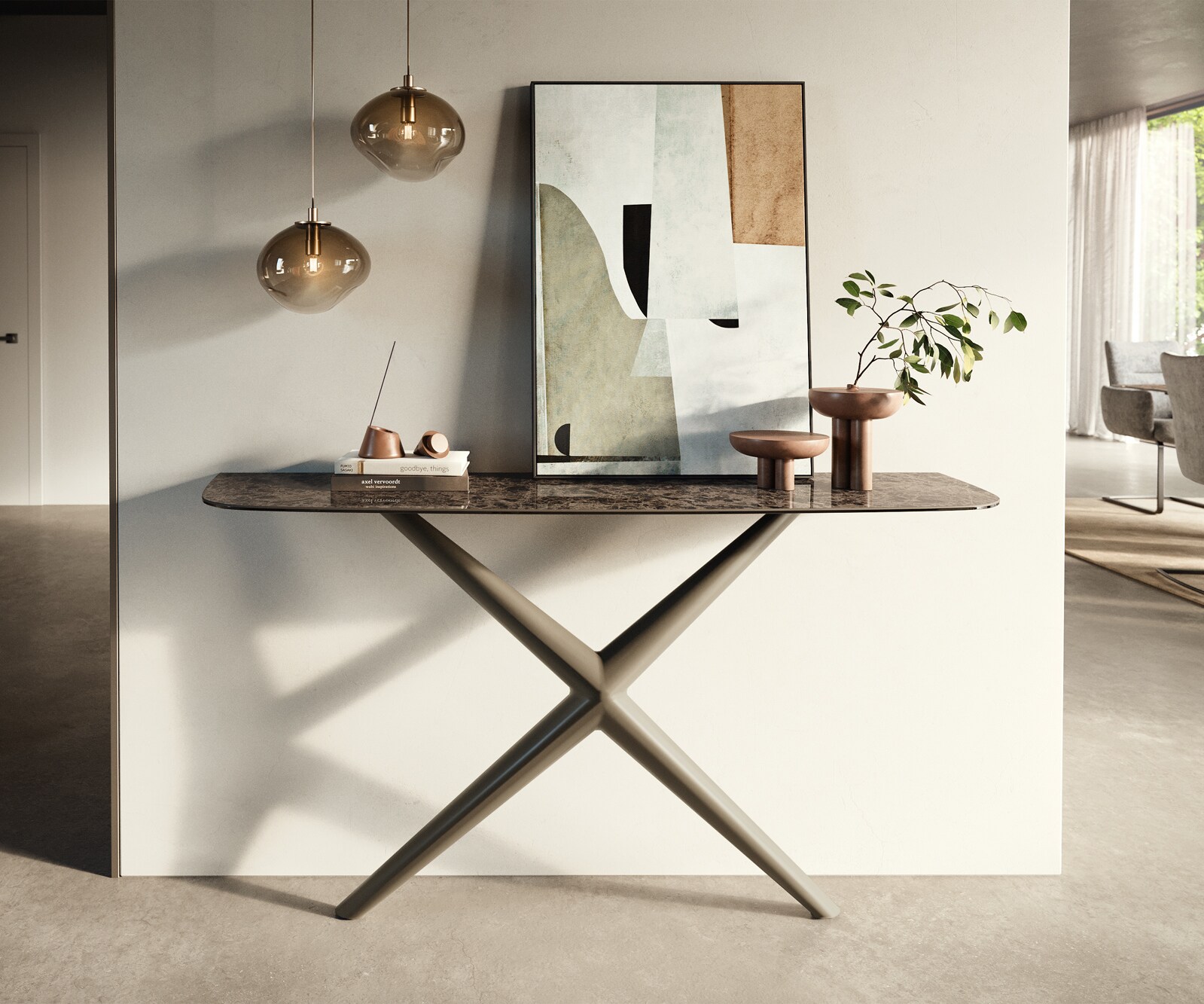 Consoletafel Edge Bootvorm 140x40 cm Keramiek Emperador Extra Lucidato Dunkelbraun Estelo Metaal Effektfinish Titan