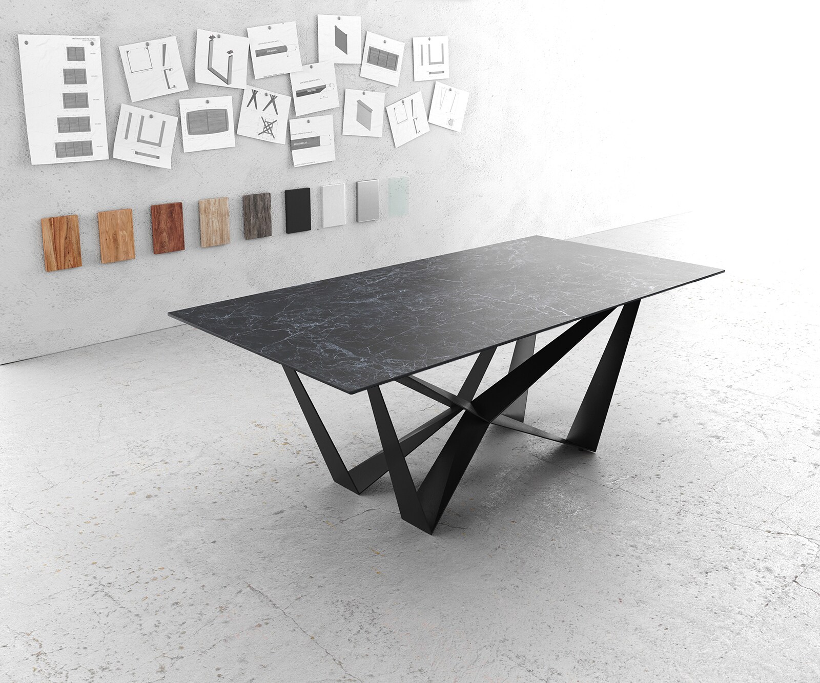 Eettafel Edge 200x100cm Laminam® keramiek grijs middenpoot vlak staal zwart