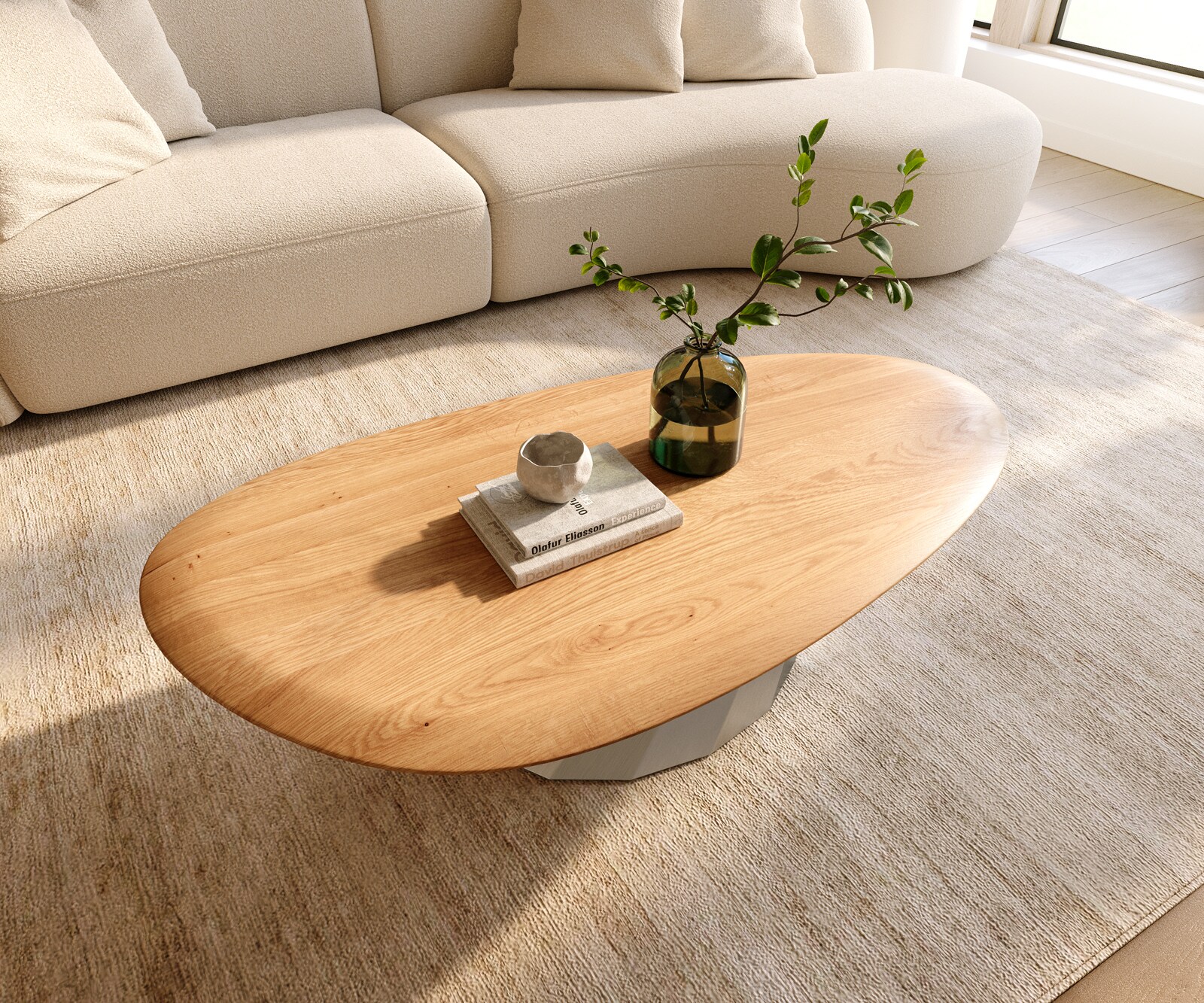 Salontafel Edge Oval 140x75 cm Eiken Naturel ronde rand Parabi geborsteld roestvrij staal 3
