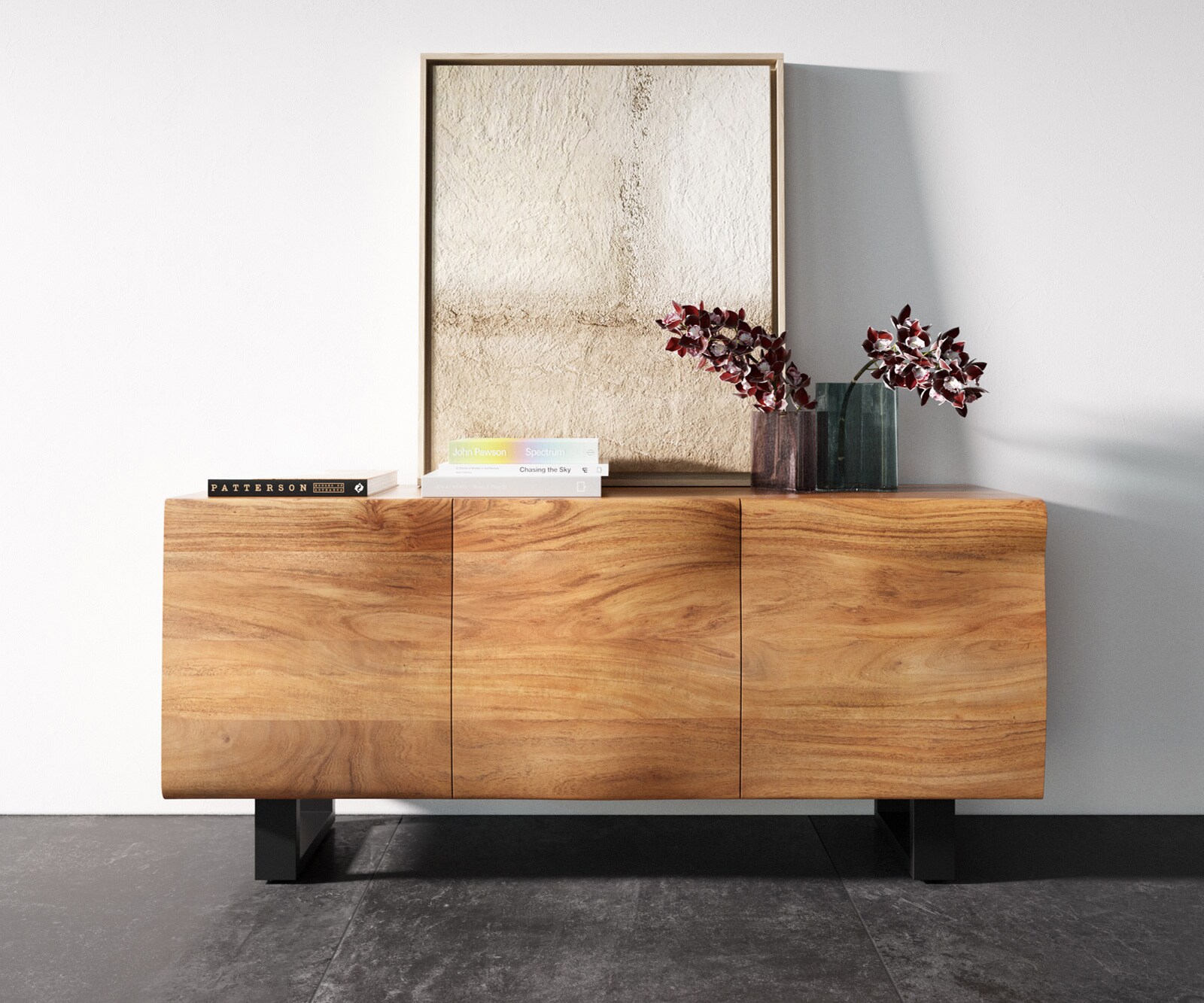 Dressoir New Live-Edge 145 cm acacia natuur 3 deuren met metalen sledepoten zwart 3