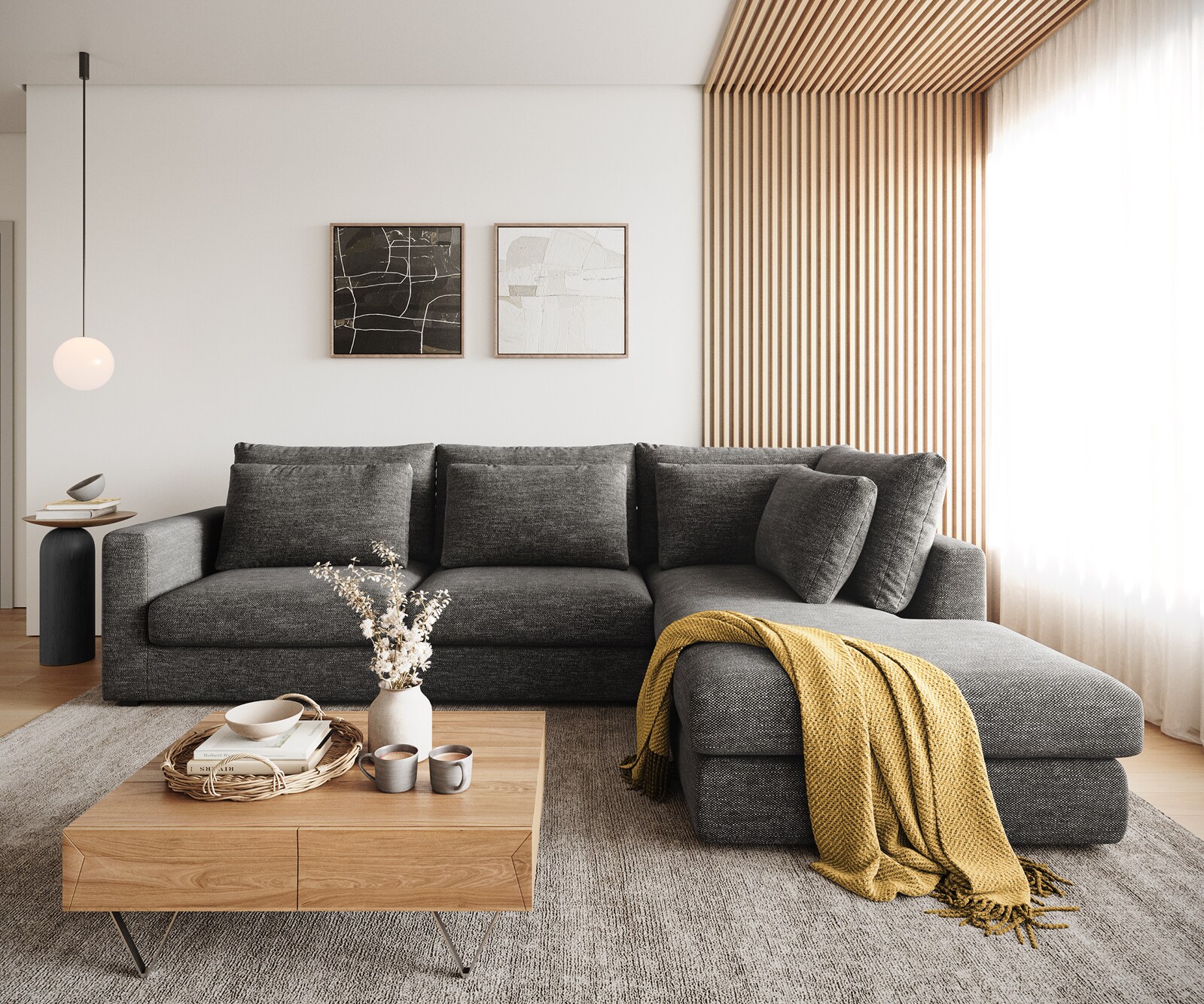 Hoekbank Isla 330x225 cm Chenille antraciet voetenbank rechts 1