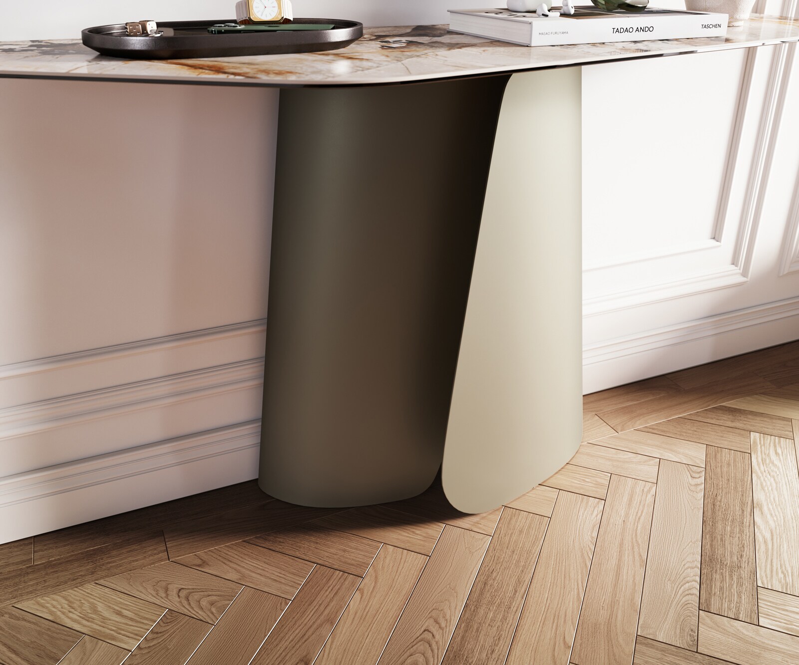 Consoletafel Edge Polygonaal 140x50 cm Keramiek Patagonia Poliert Livos Metaal Effektfinish Titan 6