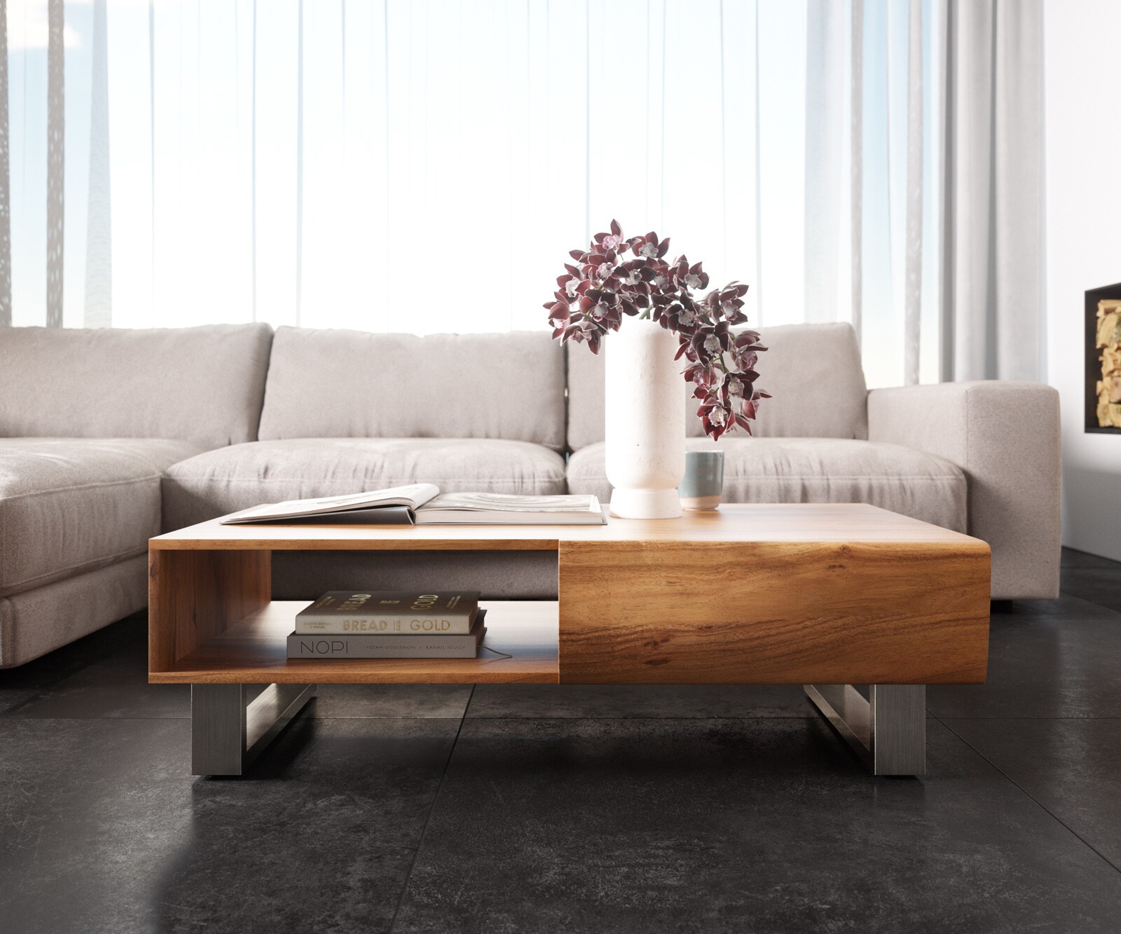 Salontafel New Live-Edge 115x60 cm acacia natuur 2 Schubladen 1 Fach Kufe RVS geborsteld  1