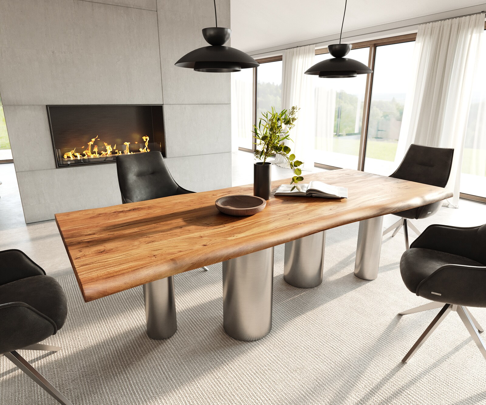 Eetkamertafel Edge 240x100 acacia natuurPilier roestvrij staal geborsteld Live-Edge