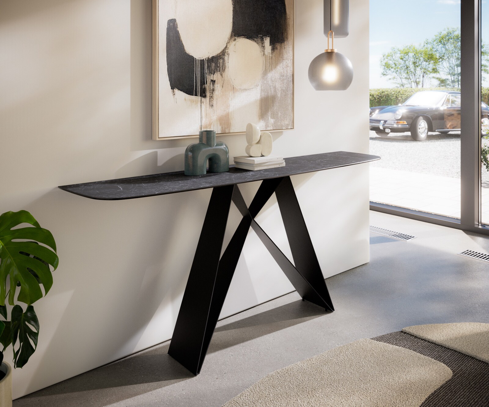 Consoletafel Edge Bootvorm 180x40 cm Keramiek Laminam® Nero Greco Anthrazit Velio Metaal Zwart 4
