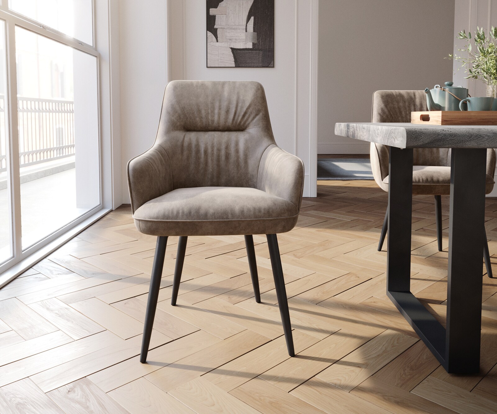 Eetkamerstoel Zelia-Flex met armleuning microvelours taupe vintage 4-poot conisch zwart pocketveer kern 2