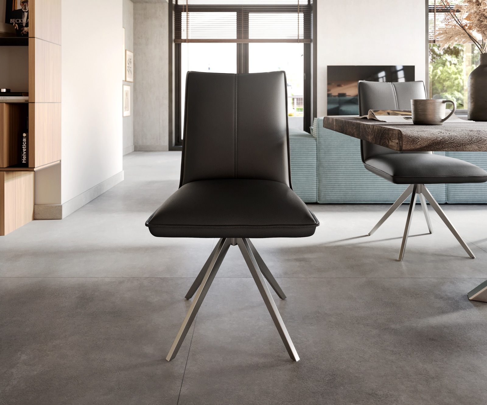 Eetkamerstoel Lelio-Flex echt leer zwart kruisframe breed roestvrij staal pocketveer kern 1 Eetkamerstoel Lelio-Flex echt leer zwart kruisframe breed roestvrij staal pocketveer kern 1