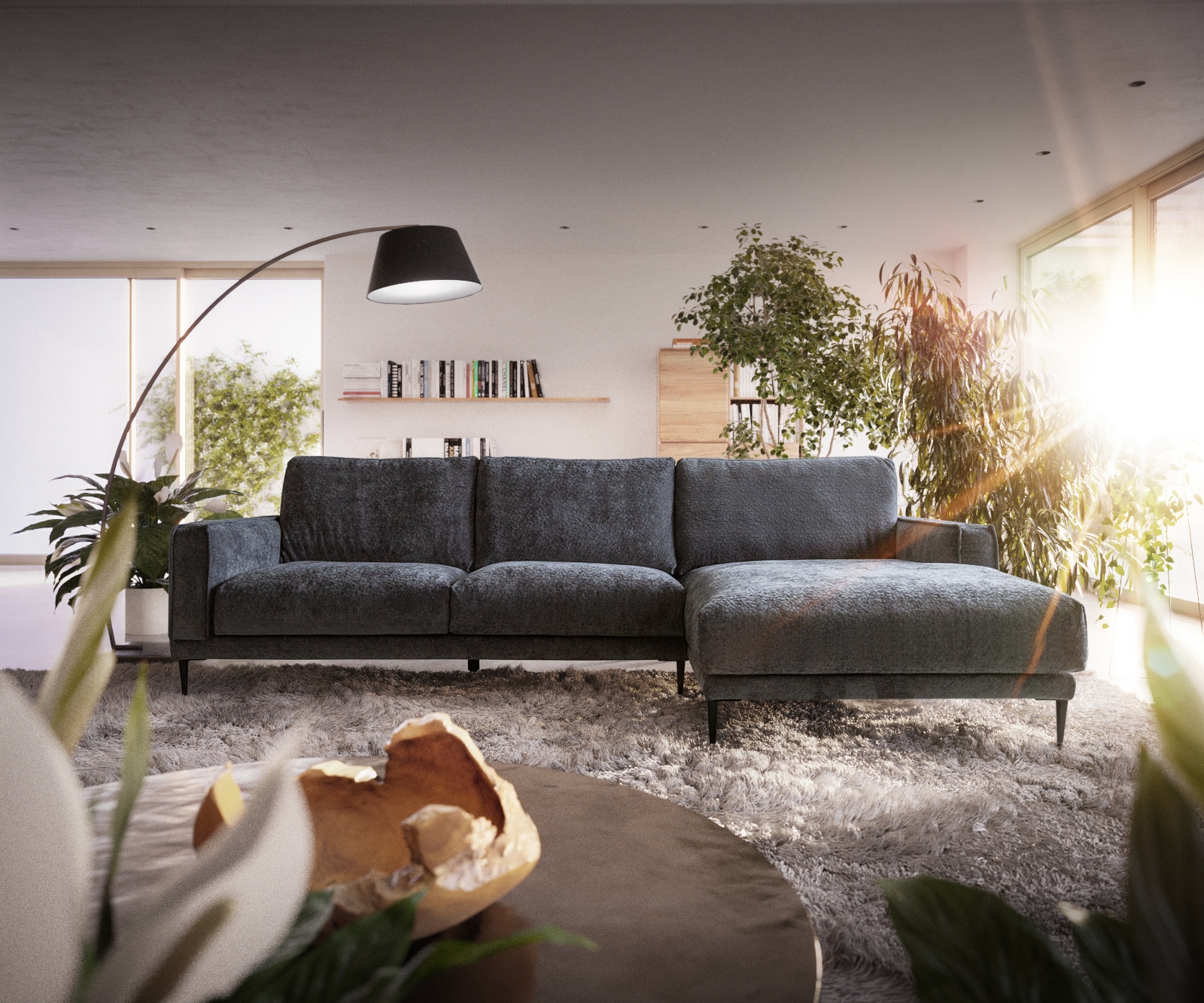 Hoekbank Sottil 290 x 165cm Chenille grijs recamiere rechts 2