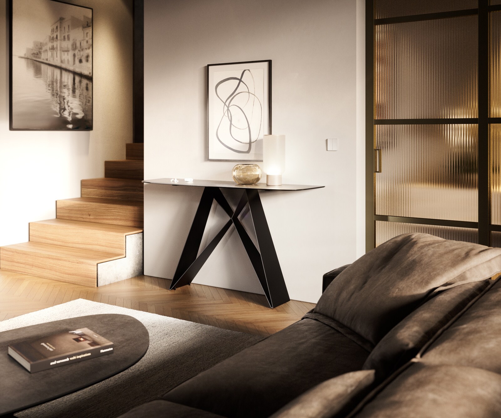 Consoletafel Edge Bootvorm 140x40 cm Keramiek Betongrijs Velio Metaal Zwart 7