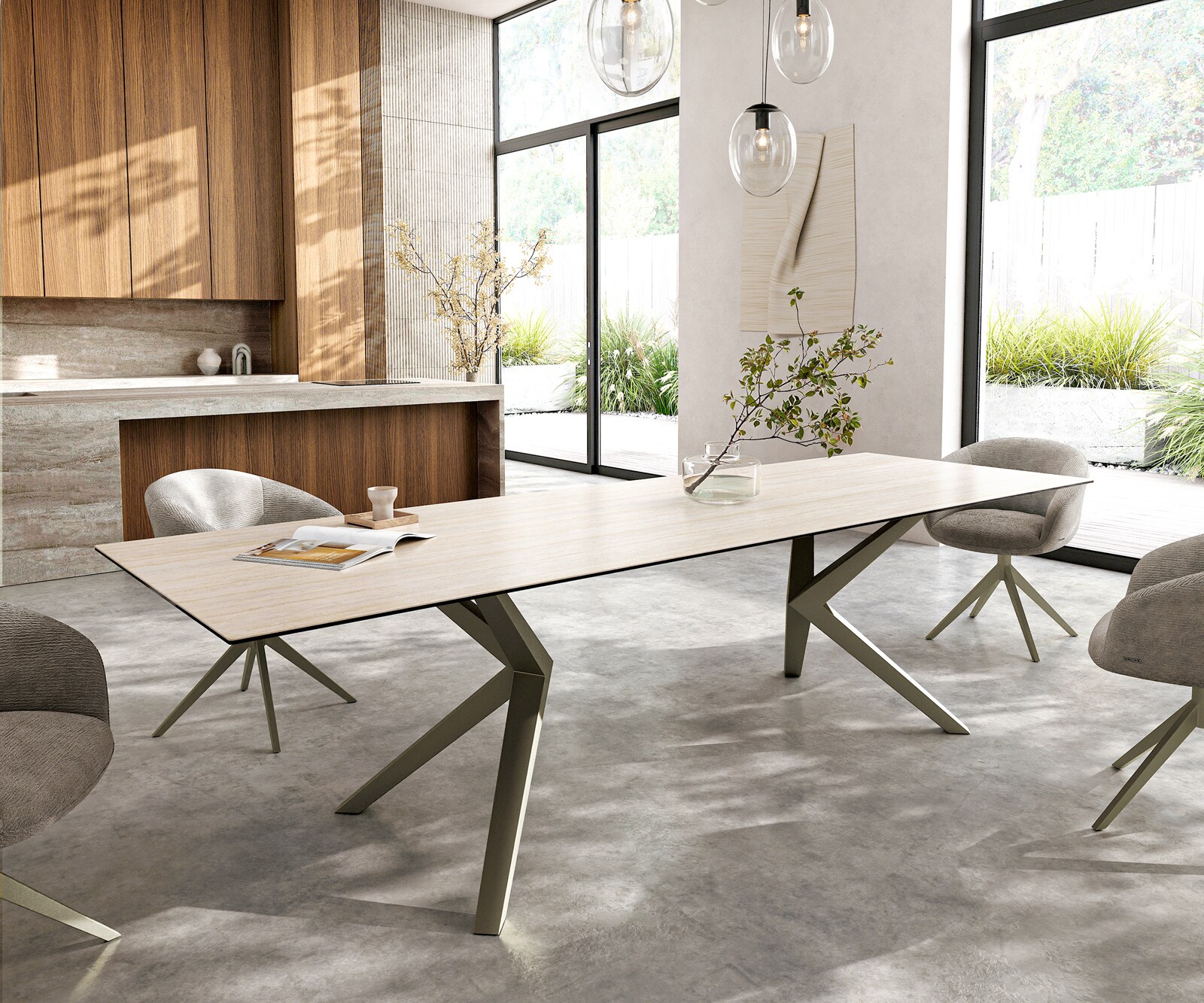 Eettafel Edge 300x100 keramiek  Laminam® Travertino Bianco Creme-wit Zenthara kantig metaal effectafwerking Titan