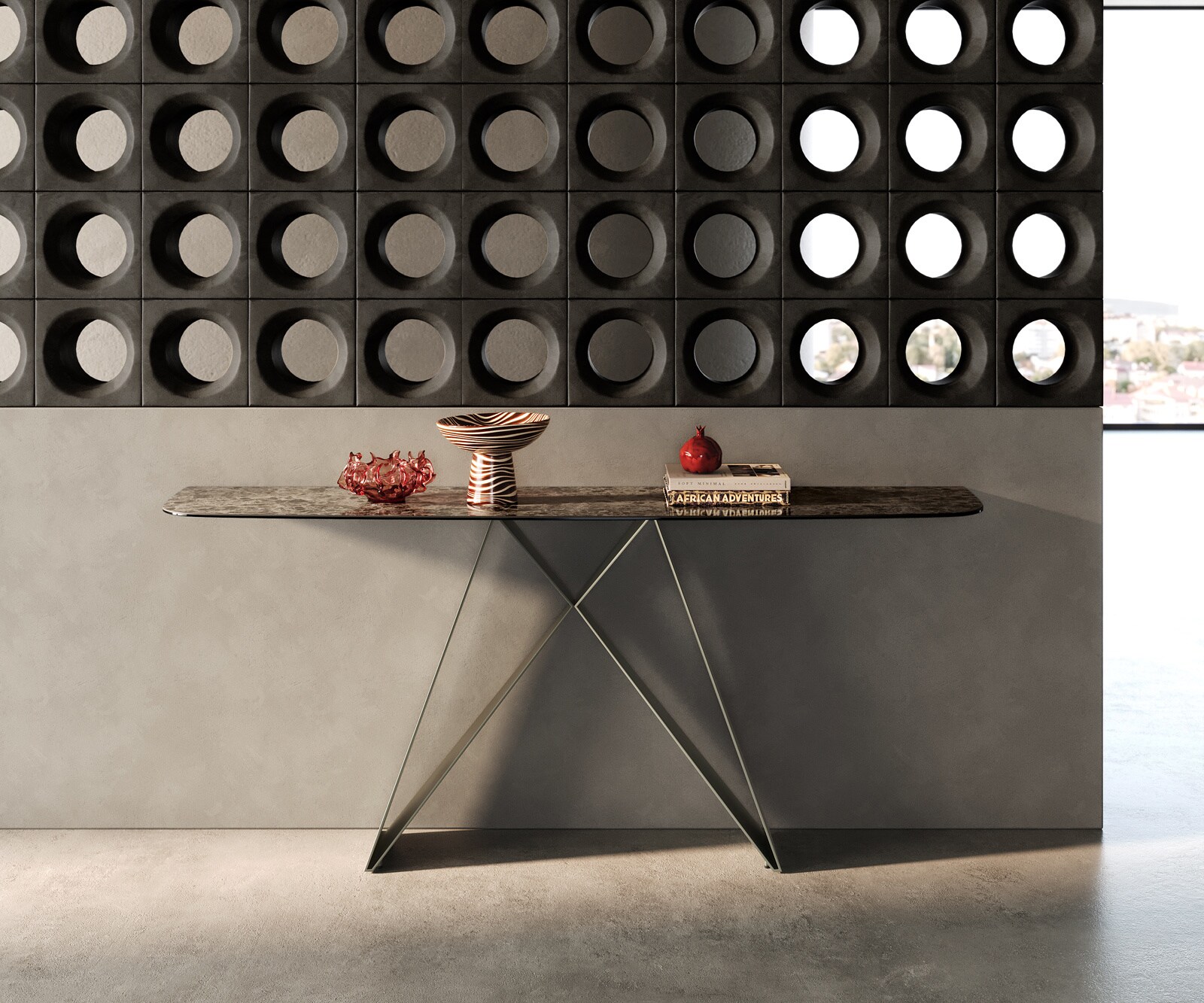 Consoletafel Edge Bootvorm 180x40 cm Keramiek Emperador Extra Lucidato Dunkelbraun Velio Metaal Effektfinish Titan 1