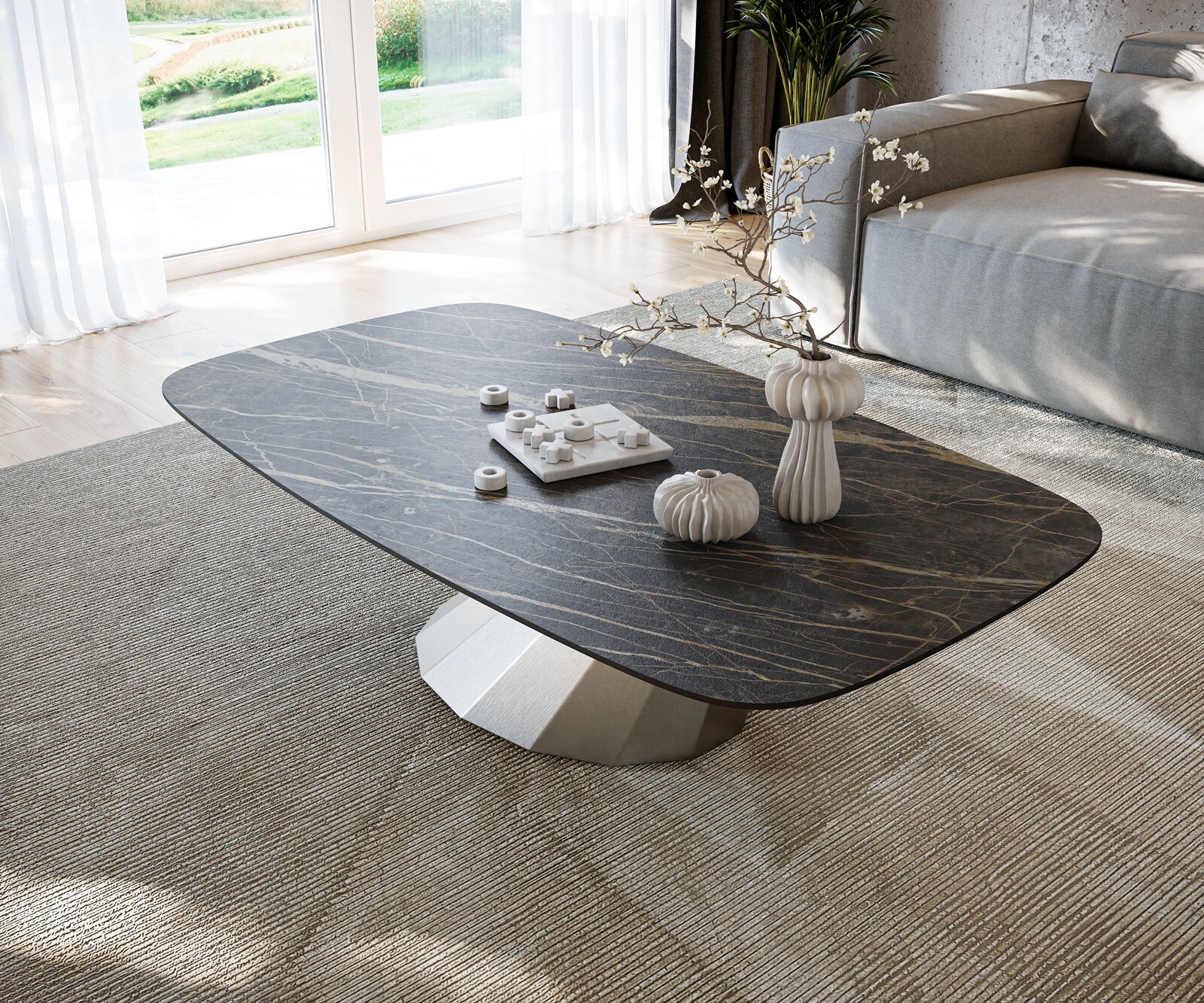 Salontafel Edge Boot 140x80 cm keramiek Laminam® Noir Desir bruin Parabi geborsteld roestvrij staal 3