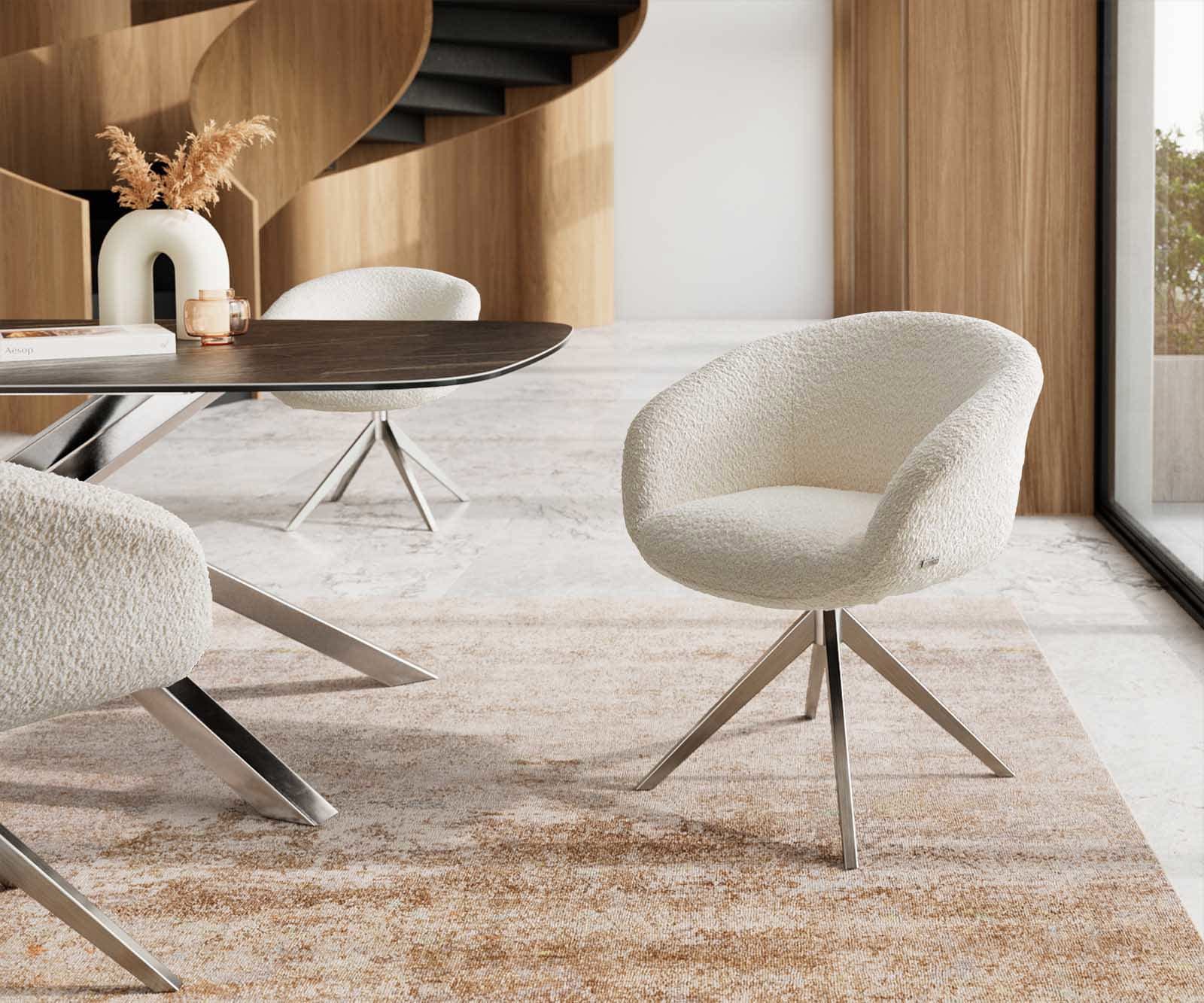 Draaistoel Vinka-Flex met armleuning bouclé wit kruisframe breed roestvrij staal 360° draaibaar pocketveer kern Draaistoel Vinka-Flex met armleuning bouclé wit kruisframe breed roestvrij staal 360° draaibaar pocketveer kern