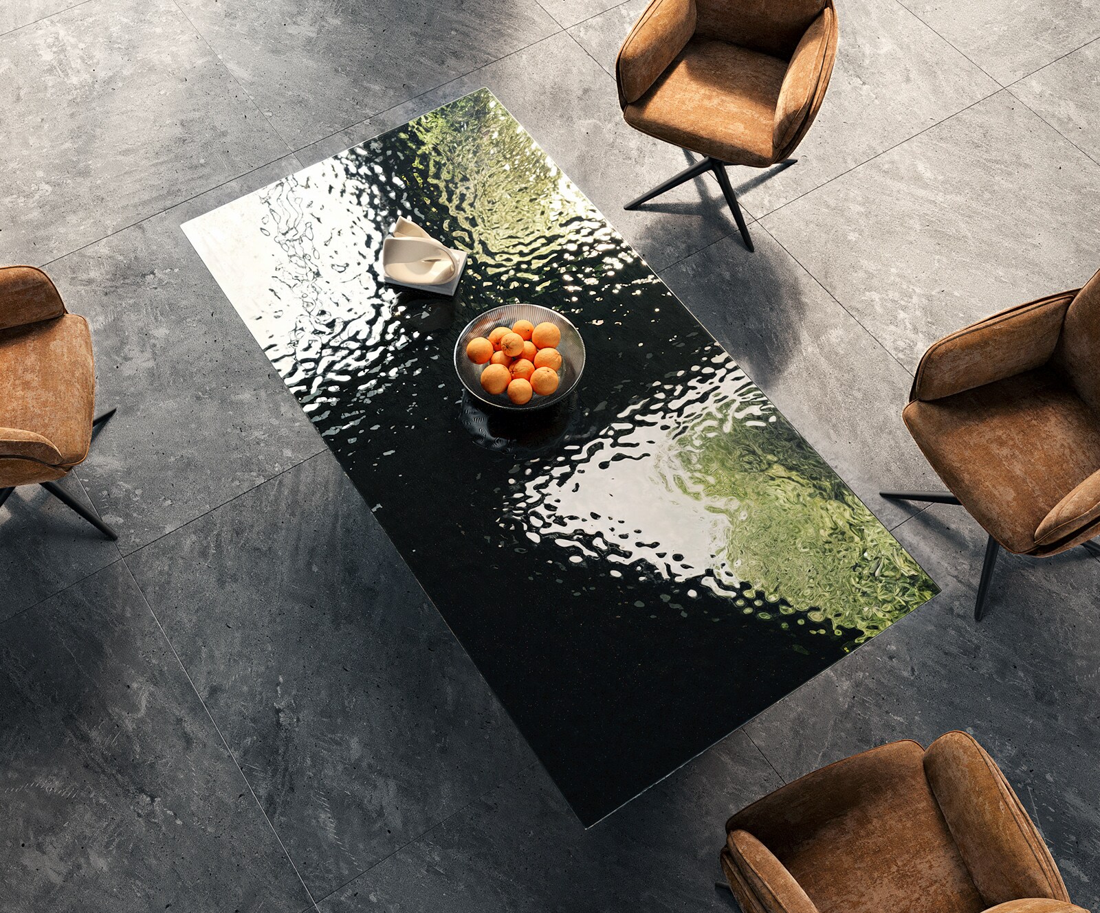 Eetkamertafel Edge 200x100 Glas smelten rokerig zwart 3D-Relief spider vlak staal zwart 4