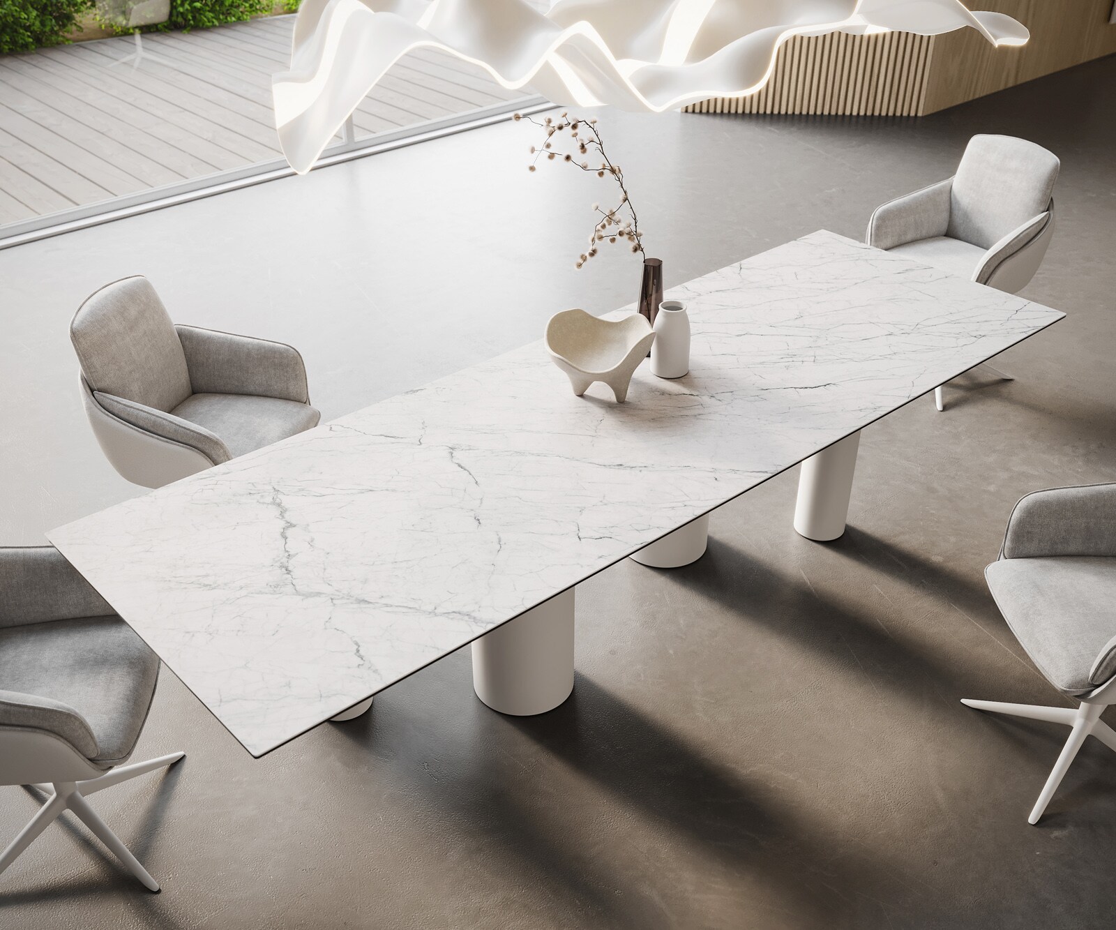 Eetkamertafel Edge 300x100 keramiek Laminam®Statuarietto wit Pilier metaal wit 1