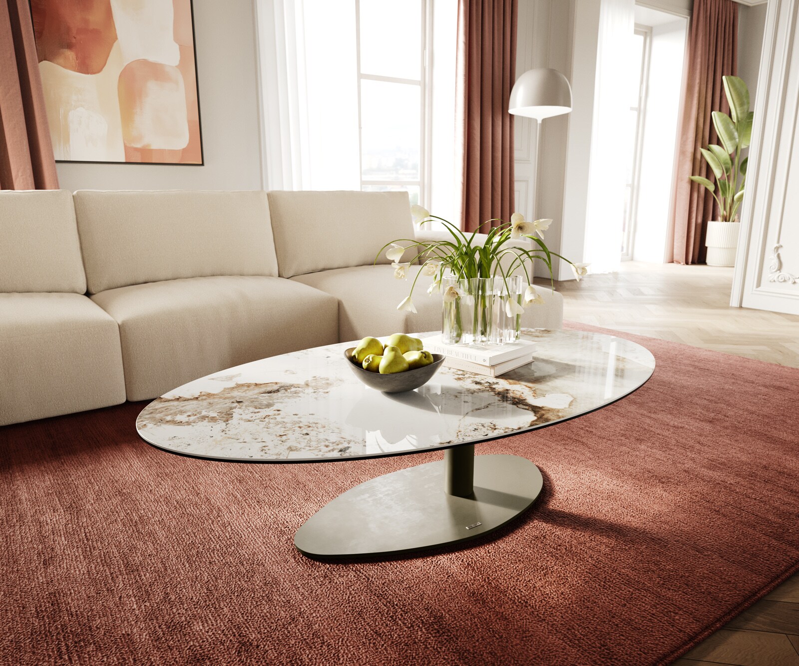 Salontafel Edge Oval 140x80 cm keramiek Minas Melange Vibany Metall effectafwerking titaan