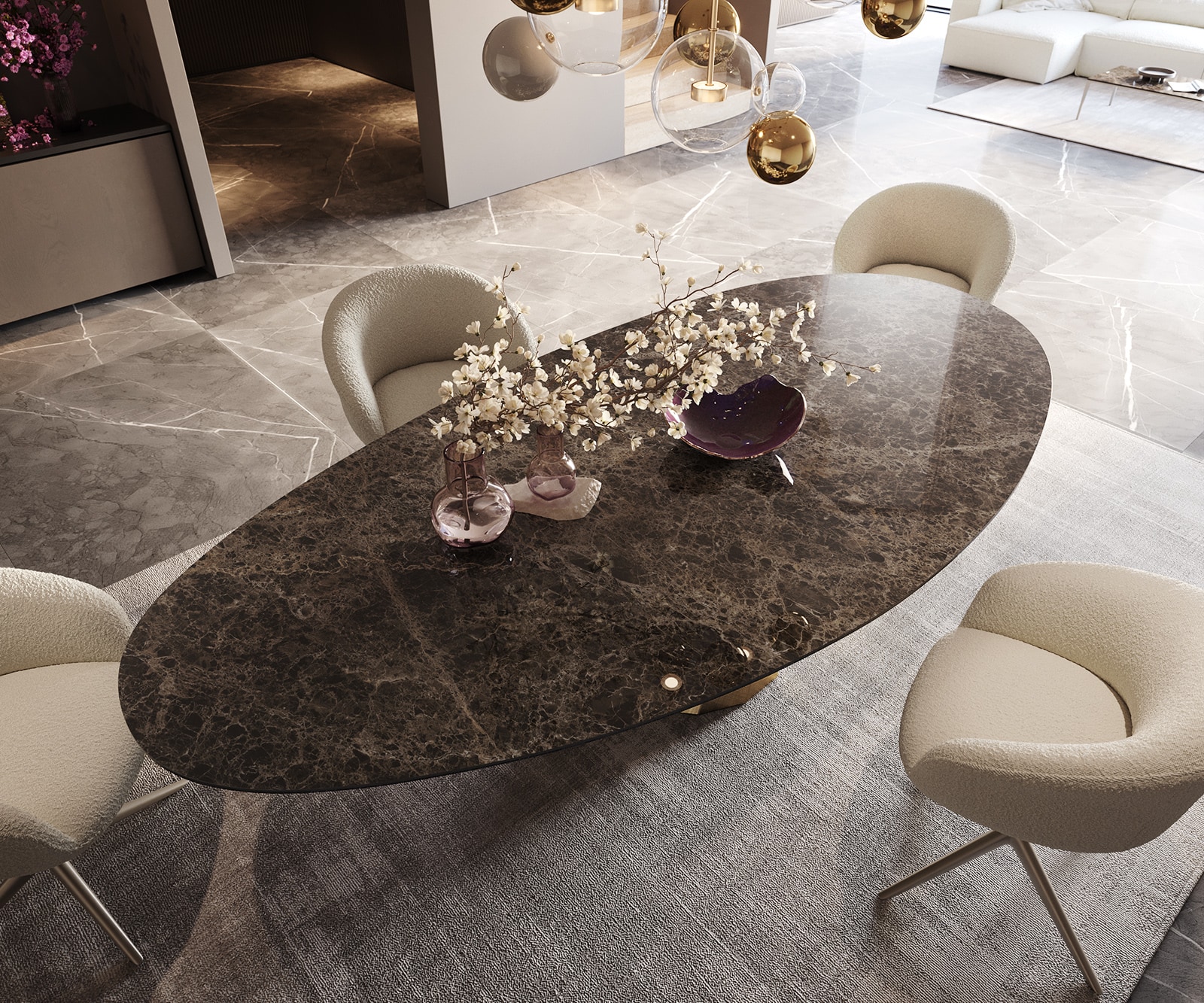Eettafel Edge Oval 280x130 keramiek  Laminam® Emperador Extra Lucidato donkerbruin Parabel metaal goud 4