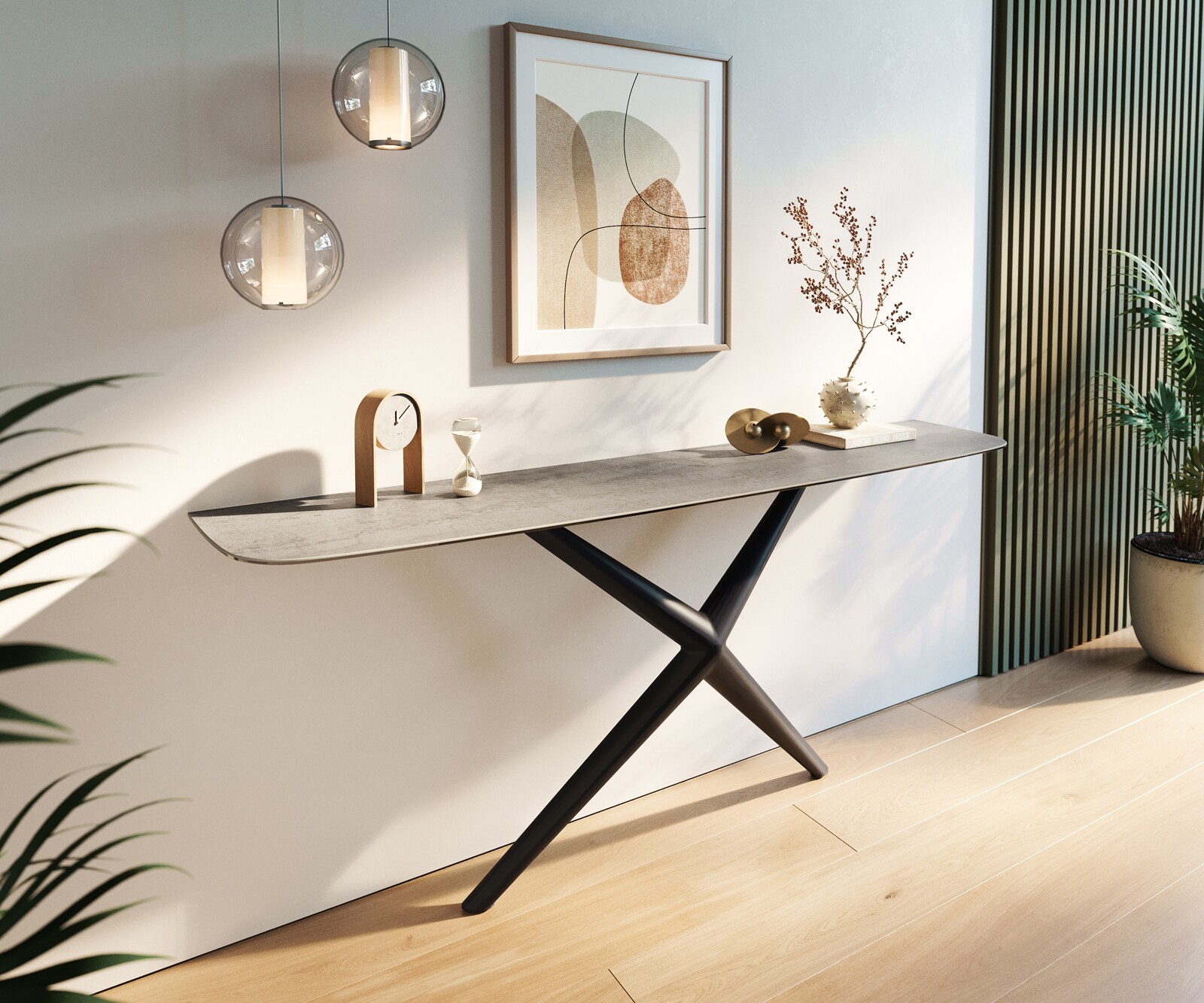Consoletafel Edge Bootvorm 180x40 cm Keramiek Betongrijs Estelo Metaal Zwart 1