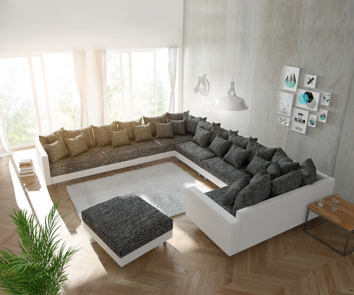 Woonlandschap Clovis XXL wit zwart met hocker en armsteun ottomane Links Woonlandschap Clovis XXL wit zwart met hocker en armsteun ottomane Links